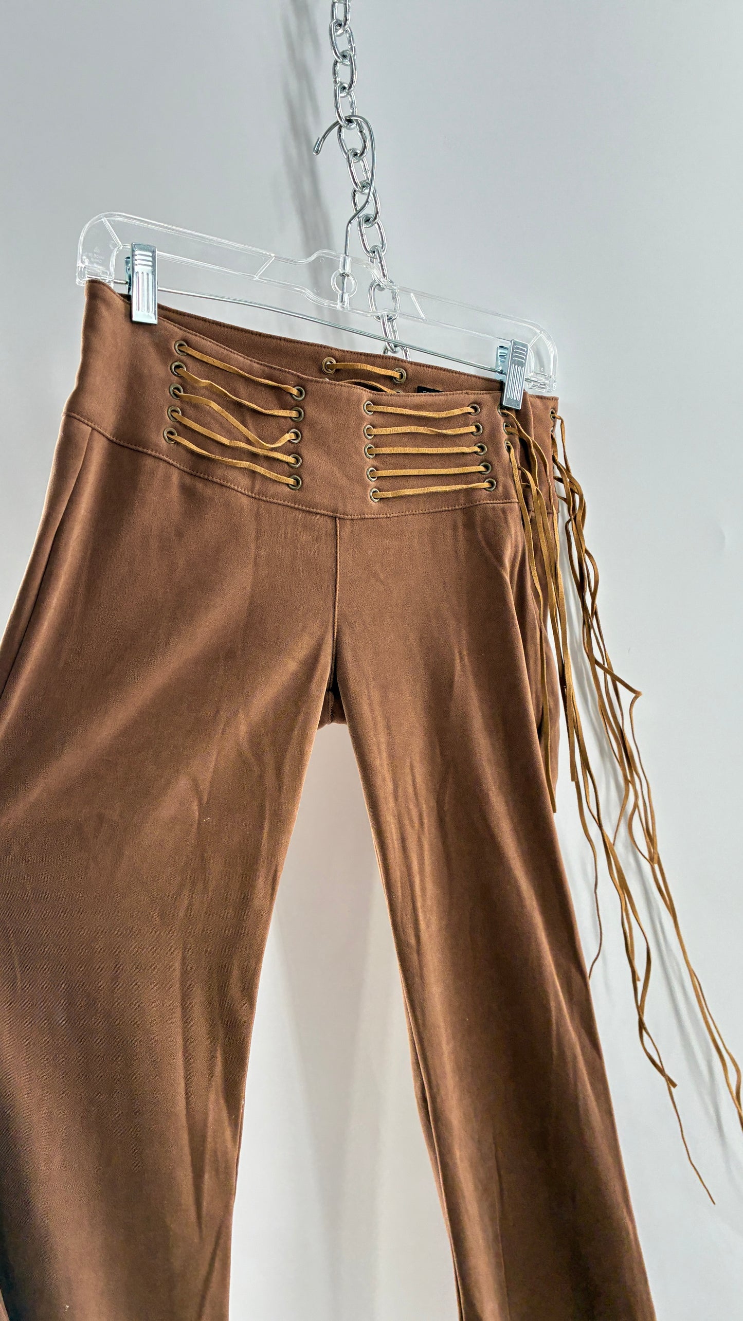 Vintage Rare L.E.I Low Rise Faux Suede Kick Flares with Wide, Thread Through Tassels Hip Band (5)