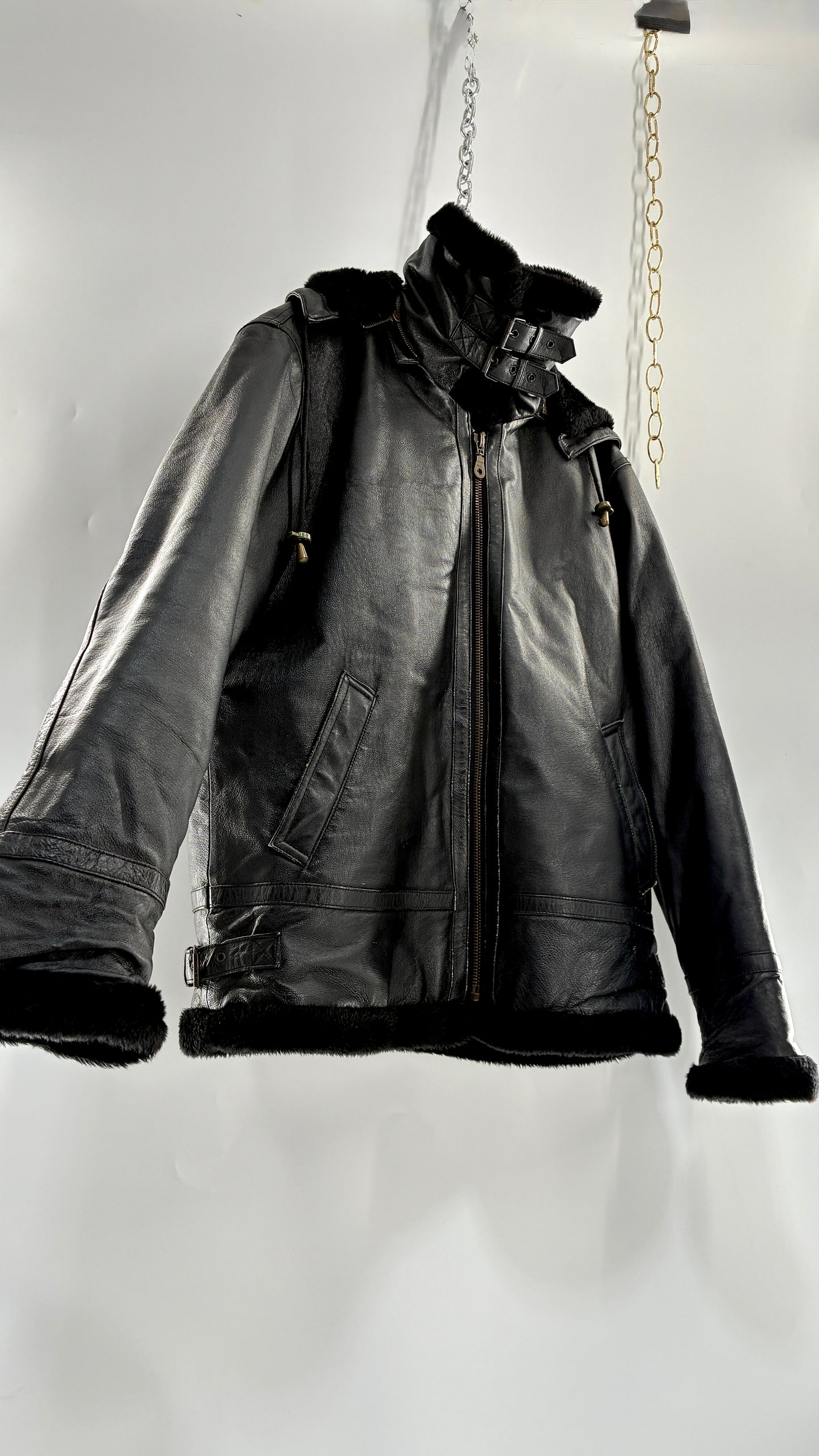 Vintage TANNERS AVENUE Black Genuine Leather Jacket with High Neck and Hood (Medium)