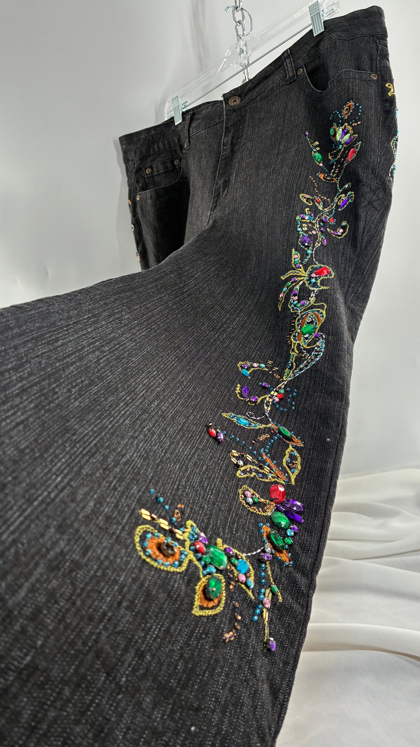 Vintage Grainy Black Denim with Hip to Hem Gemstones and Embroidery (22W)