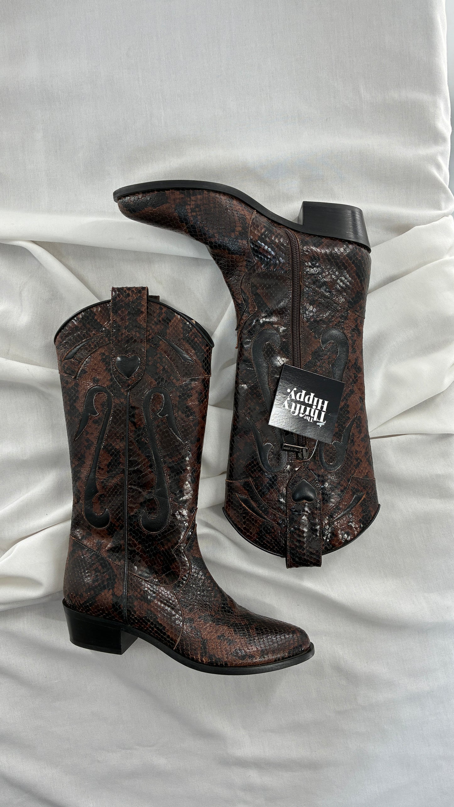 Vintage LABLANC Snakeskin Cowboy Boots with Hearts Made in Italy (36)