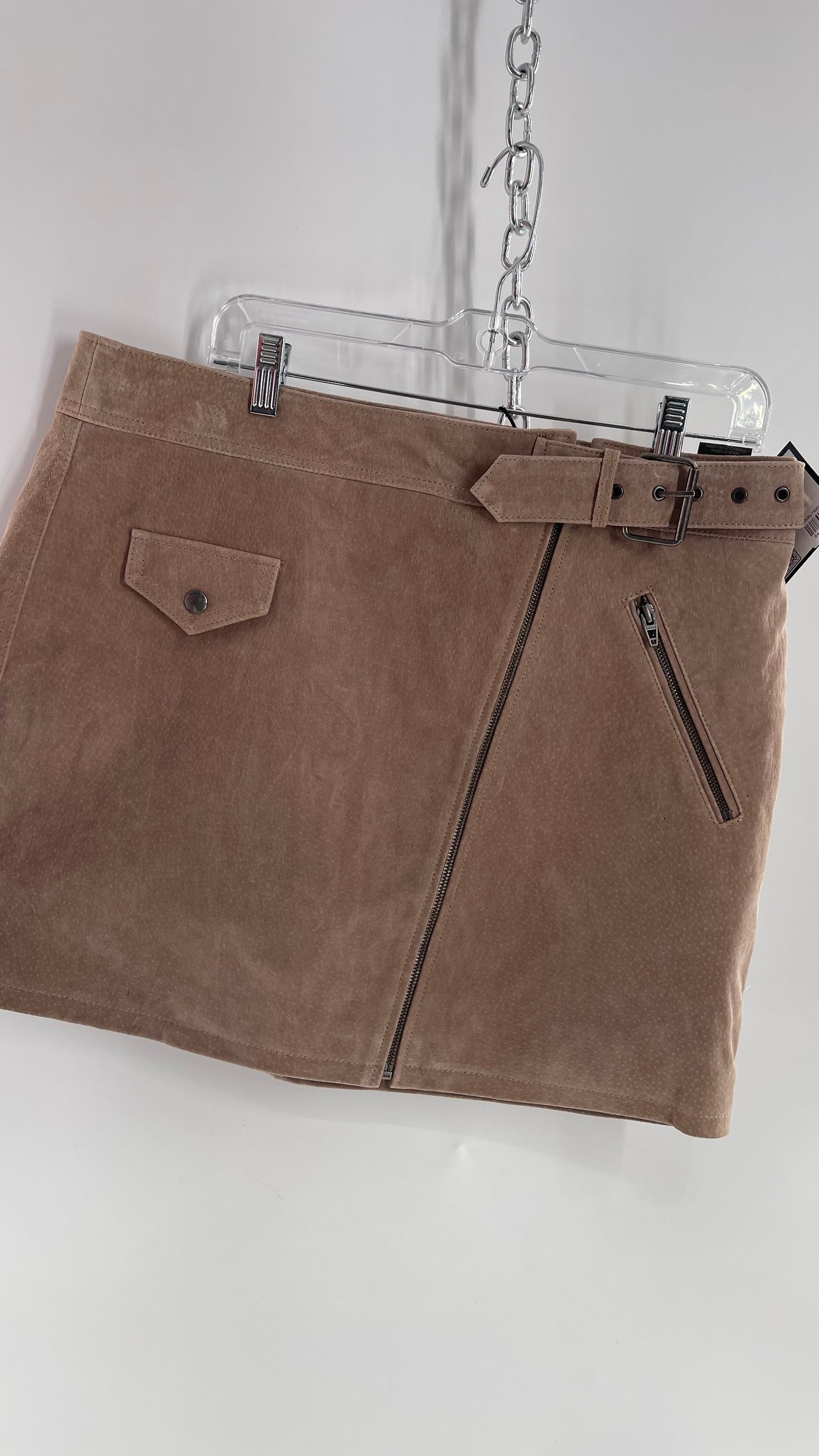 Blank NYC Taupe Tan Suede Leather Mini Skirt with Side Belt, Pocket, and Zipper Details (32)