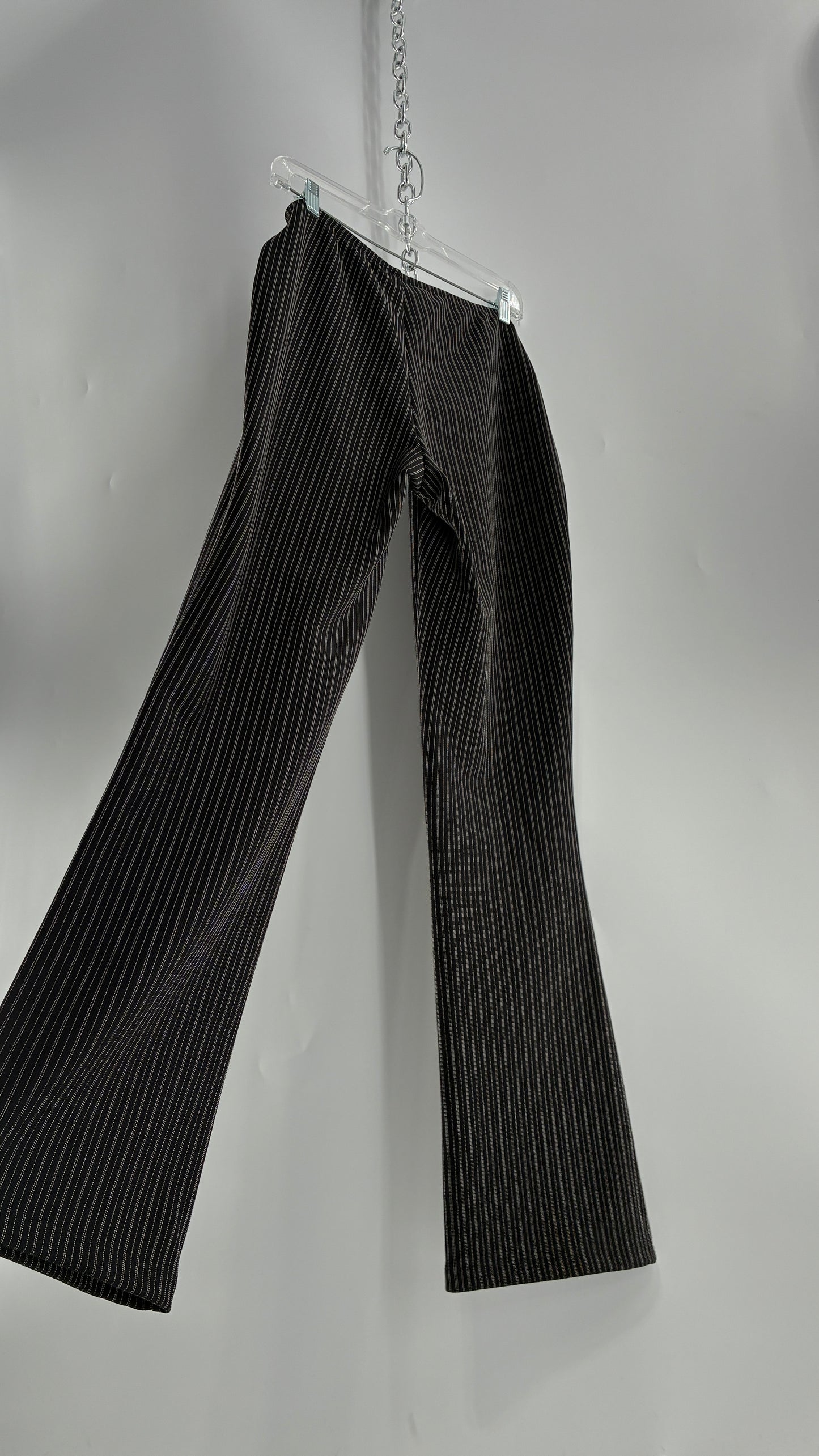 Vintage FASHION BUG Low Rise Black Striped Kick Flares with Silver Buckle Belt 1990s (6)