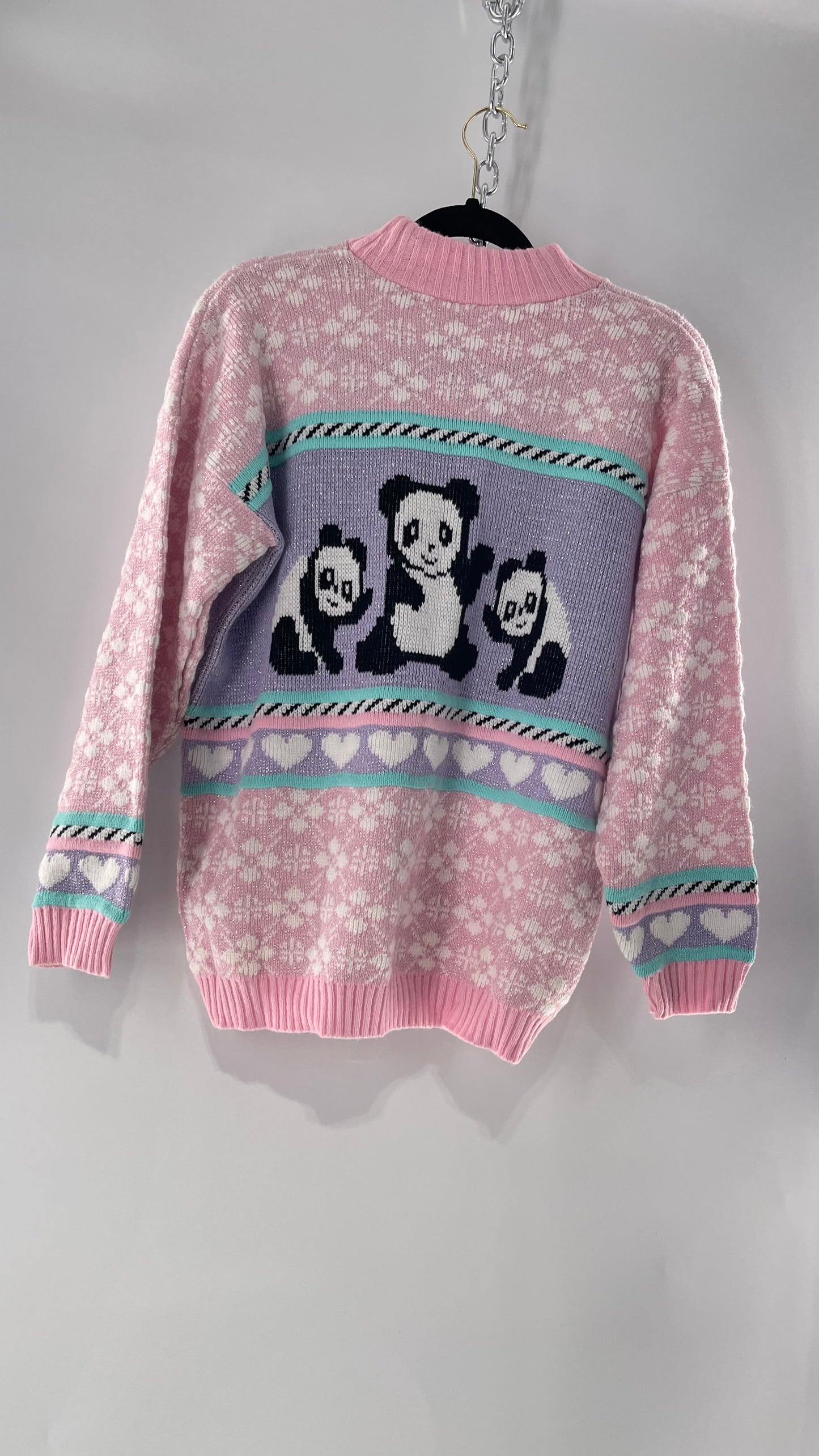 RARE 80s Vintage Adele Pastel Pink, Purple, Mint Silver Tinsel Sweater with Anime/Manga Art Style Pandas (Medium)