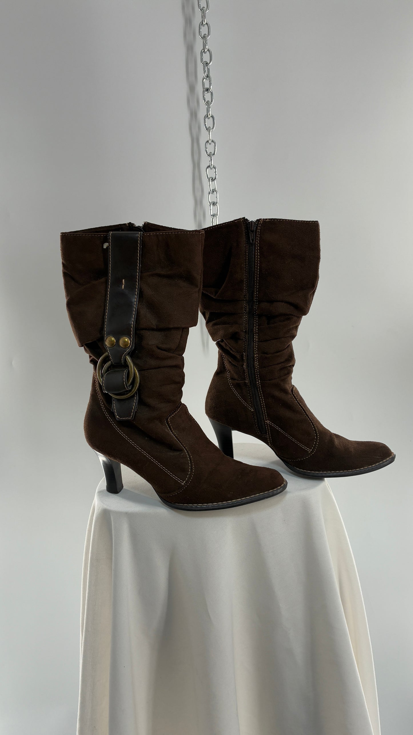 Vintage PREDICTIONS Vegan Suede Brown Stacked Boots with Buckle Detail (6.5)