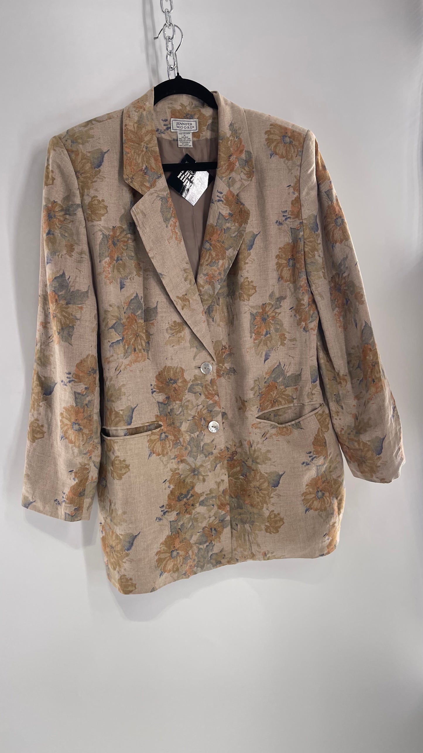 Vintage Jennifer Moore Tan 100% Linen Obscure Muted Autumn Flora Blazer (14/Large)