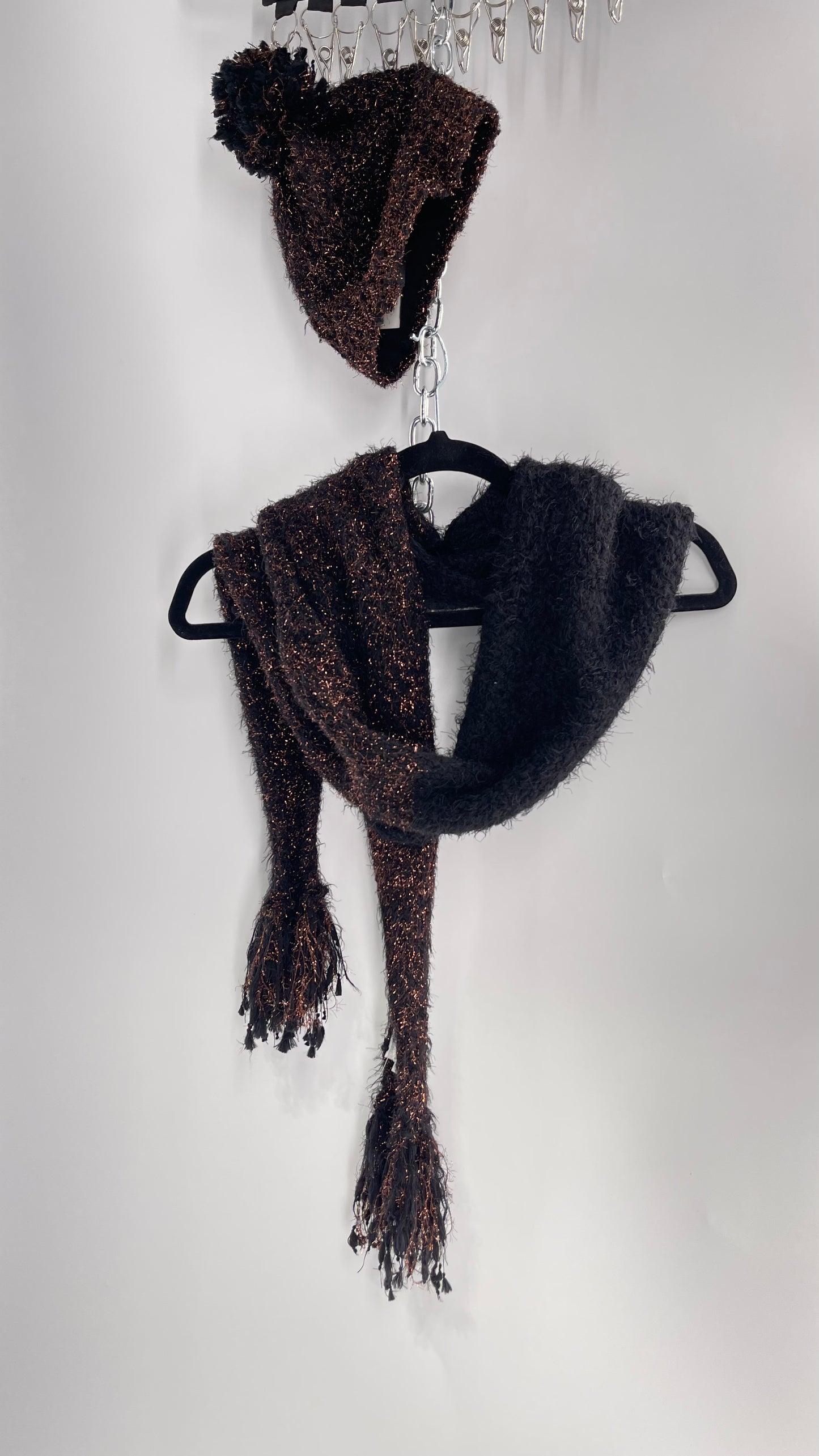 Anthropologie Bronze Tinsel Black Knit Beanie and Skinny Pom Scarf 2pc Set with Tags Attached