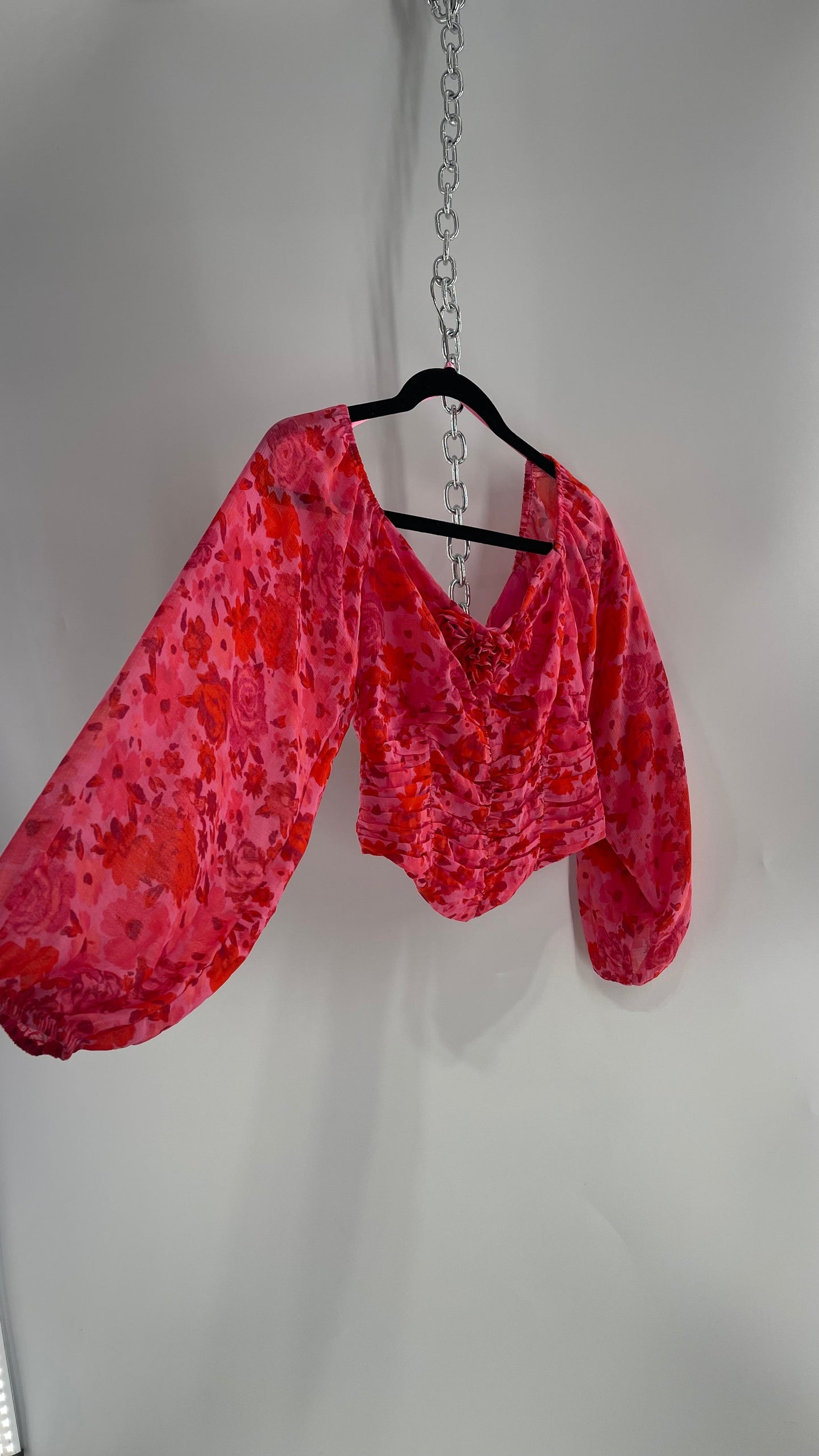 Free People Cropped Floral Blouse with Ruched Body, Balloon Sleeves and Appliqué Rosette Bustline with Tags Attached (XS)