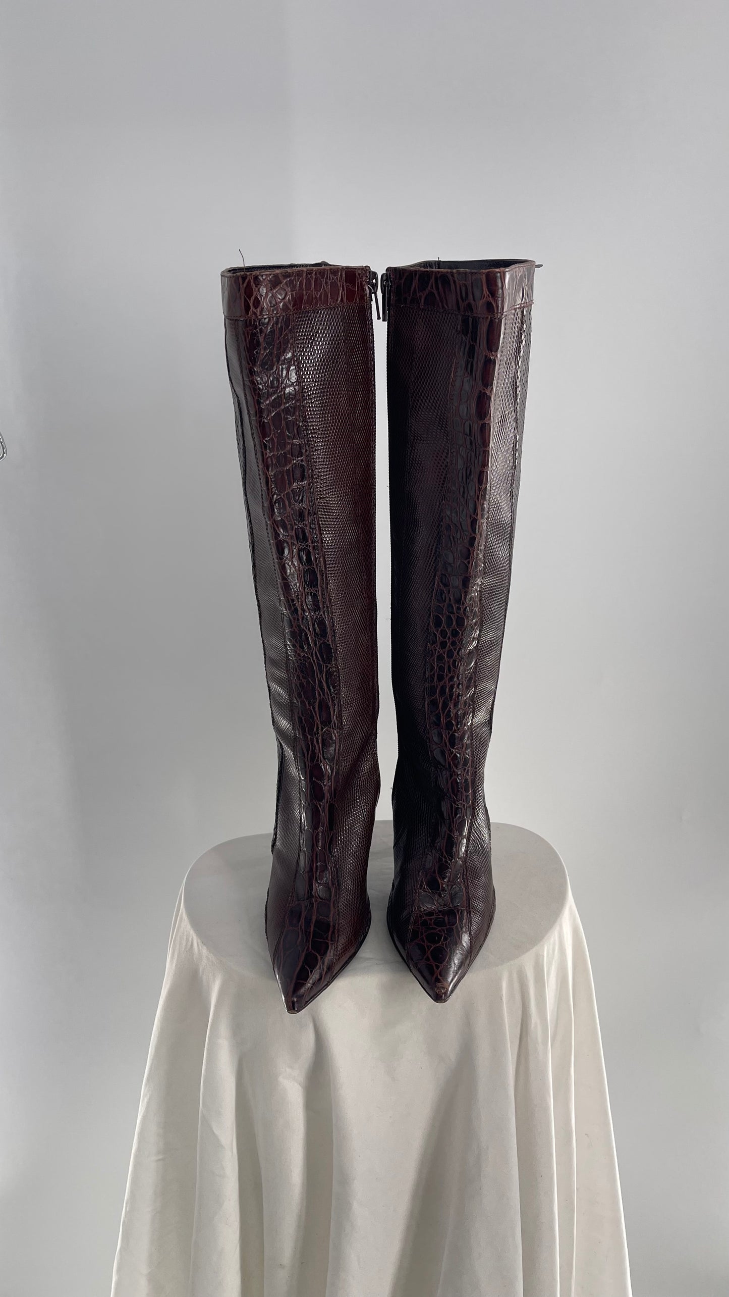 VINTAGE Charles David Paneled Leather Pointed Toe Knee High Boots (6)