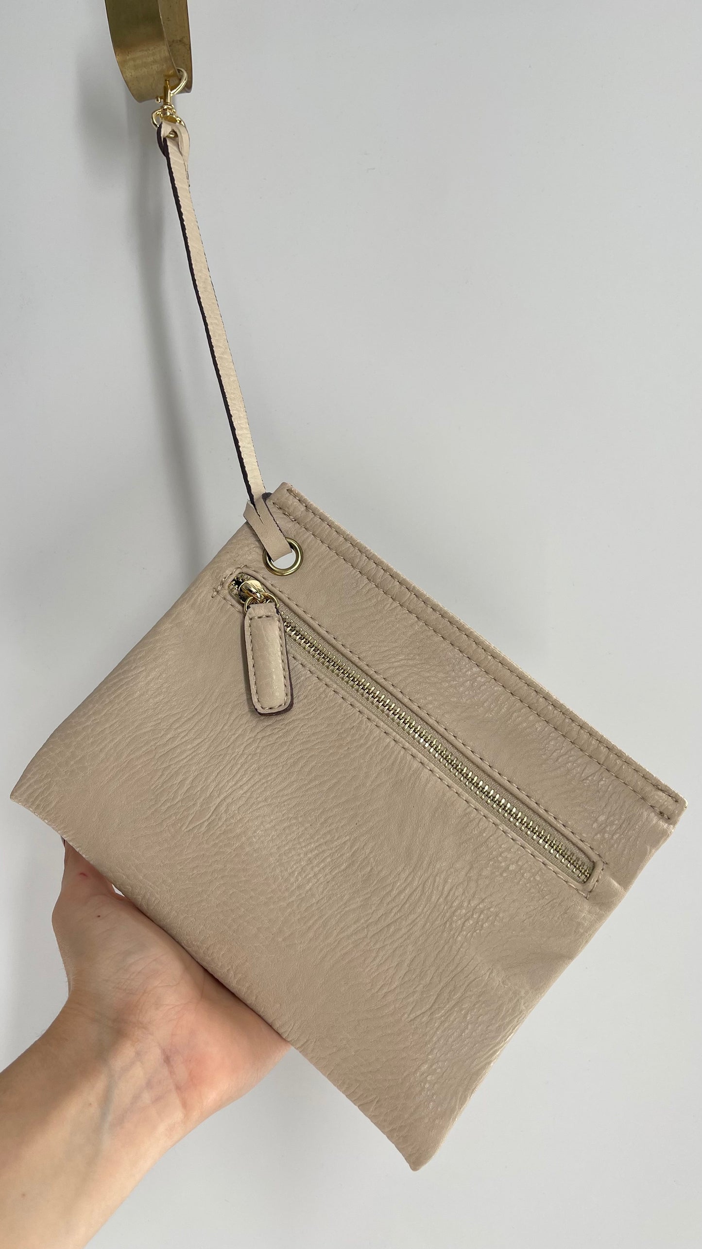 Beige Vegan Leather Attachable Zipper Pouch