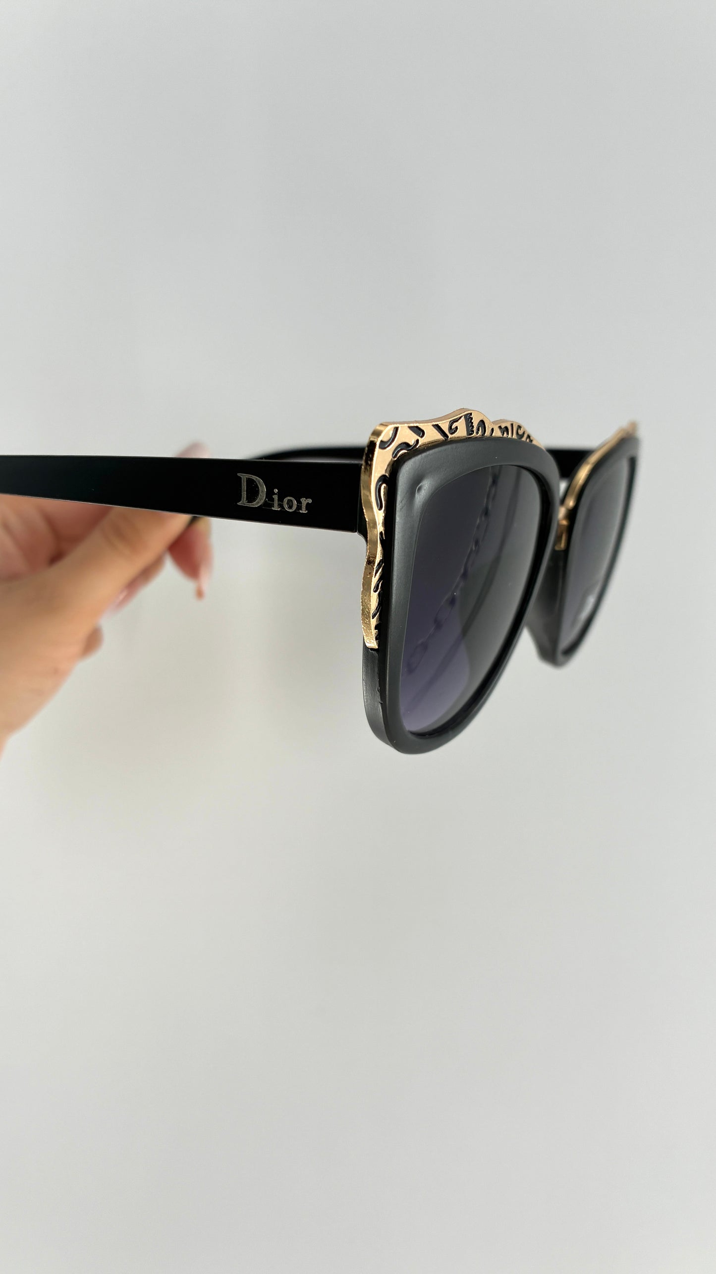 Vintage DIOR Matte Black Sunglasses with Engraved Gold Detailing *Unauthenticated