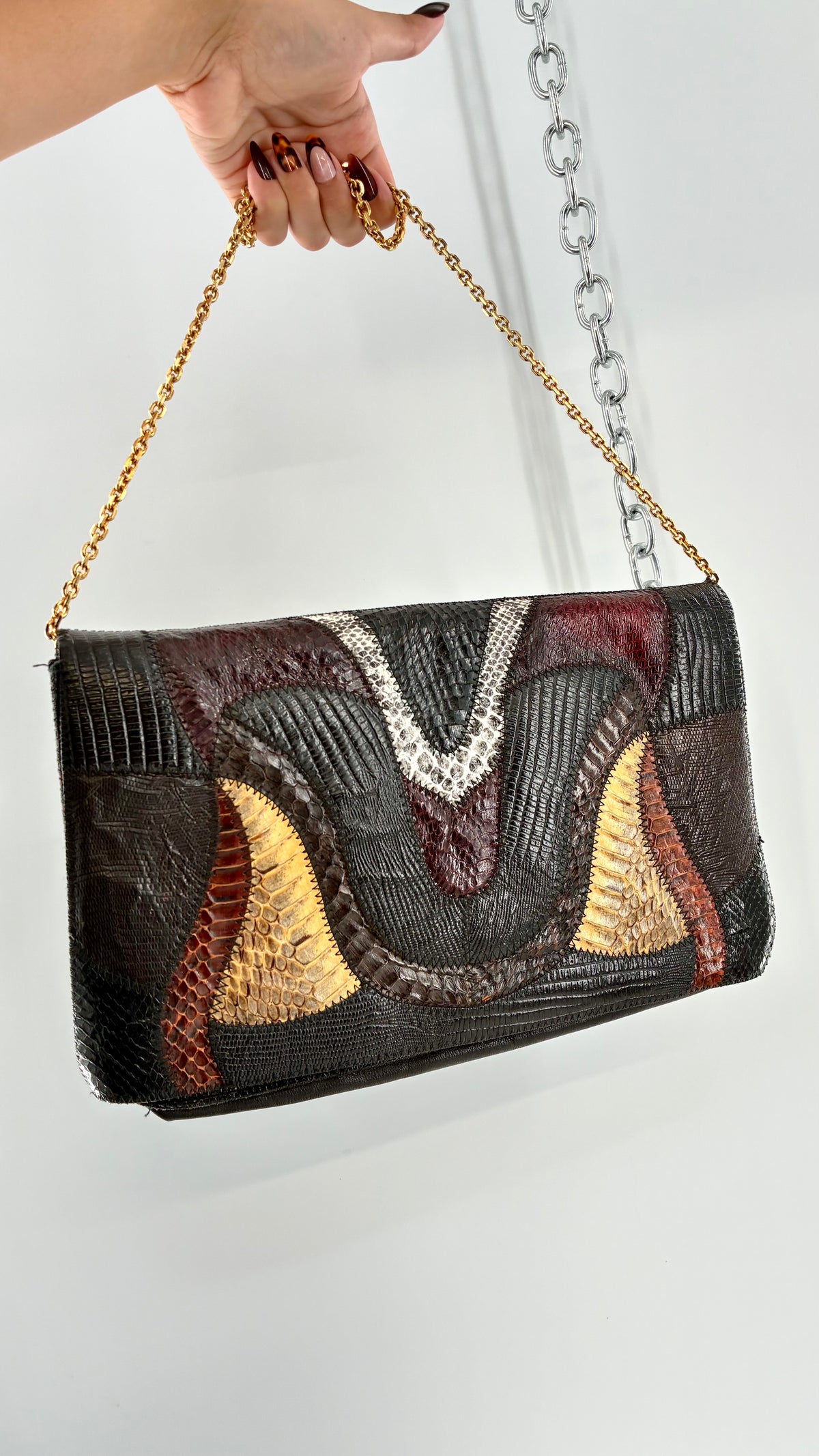 Vintage Exotic Genuine Leather Multicolor Reptile-Texture Patchwork Clutch With Chain Strap