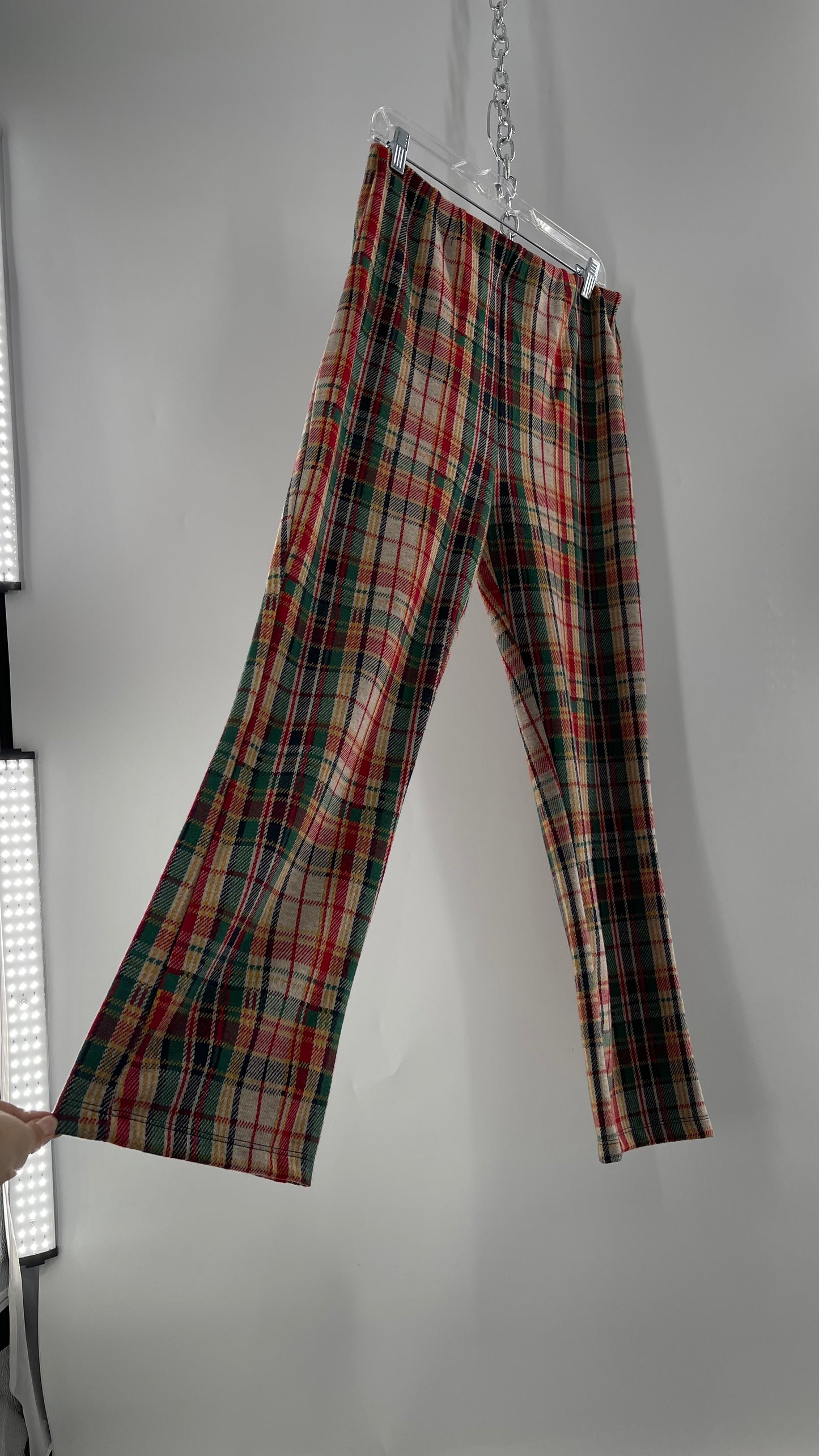 Free People Red\Green Plaid Knit Straight Leg Pants with Elastic Waist ( L)