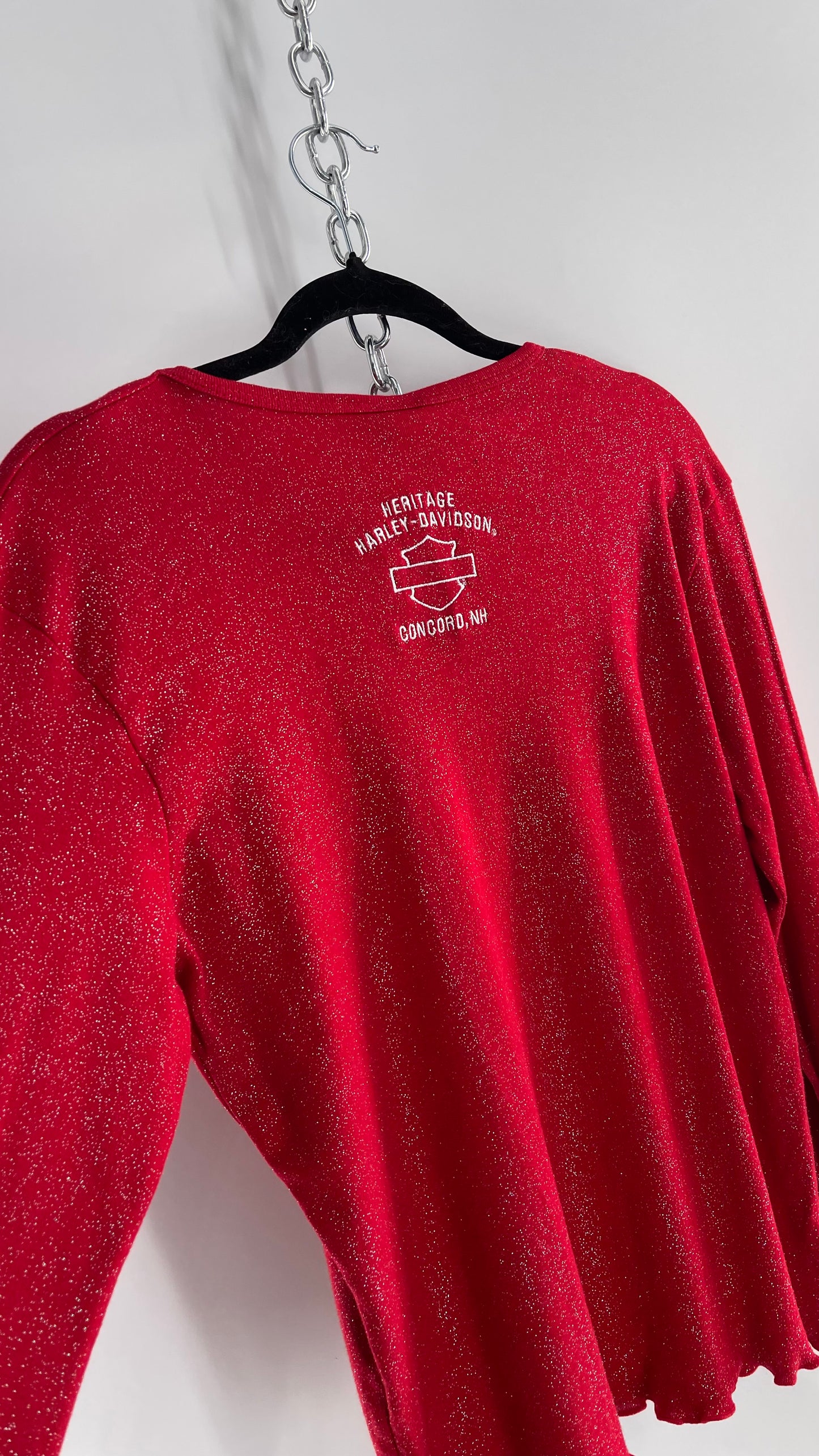 Deadstock Vintage Harley Davidson Red Glittery Embroidered Long Sleeve with Tags Attached (XL)