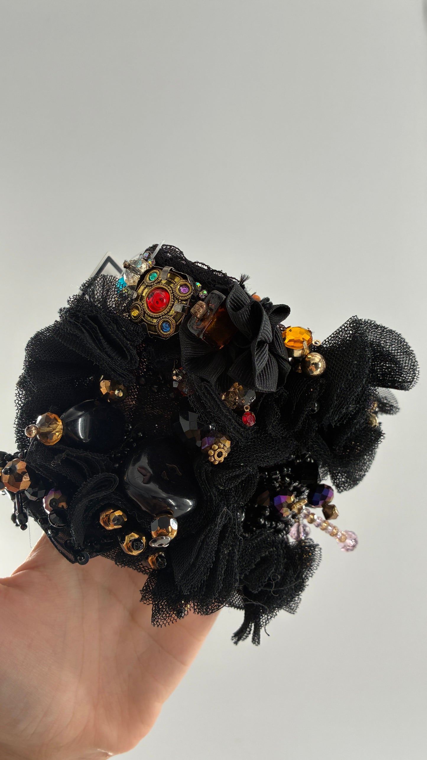 Vintage Black Tulle Jeweled Maximalist Statement Cuff Bracelet