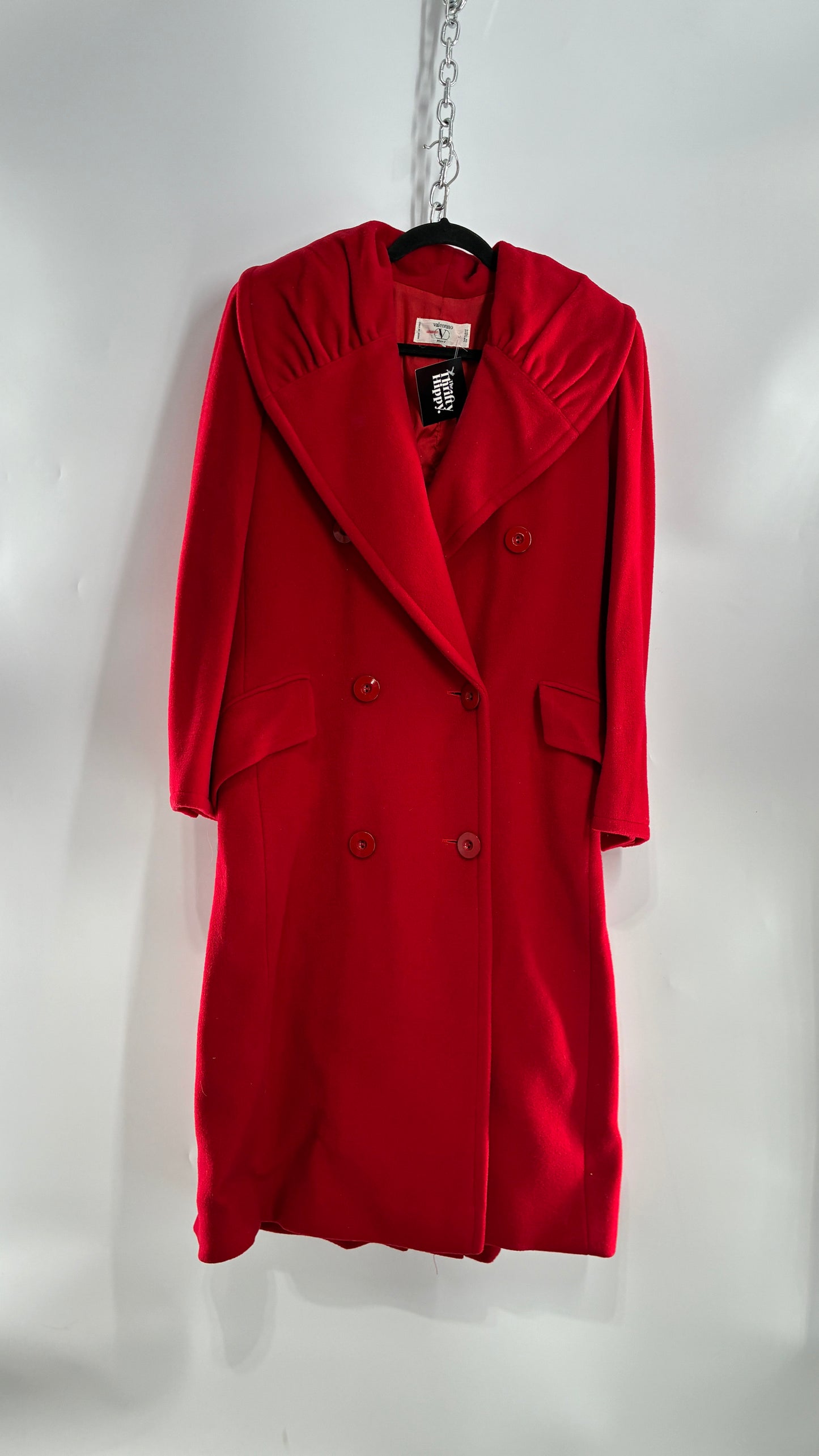 Vintage VALENTINO Miss V Red Sweeping, Tie Back and Pleated/Draped Collar Coat