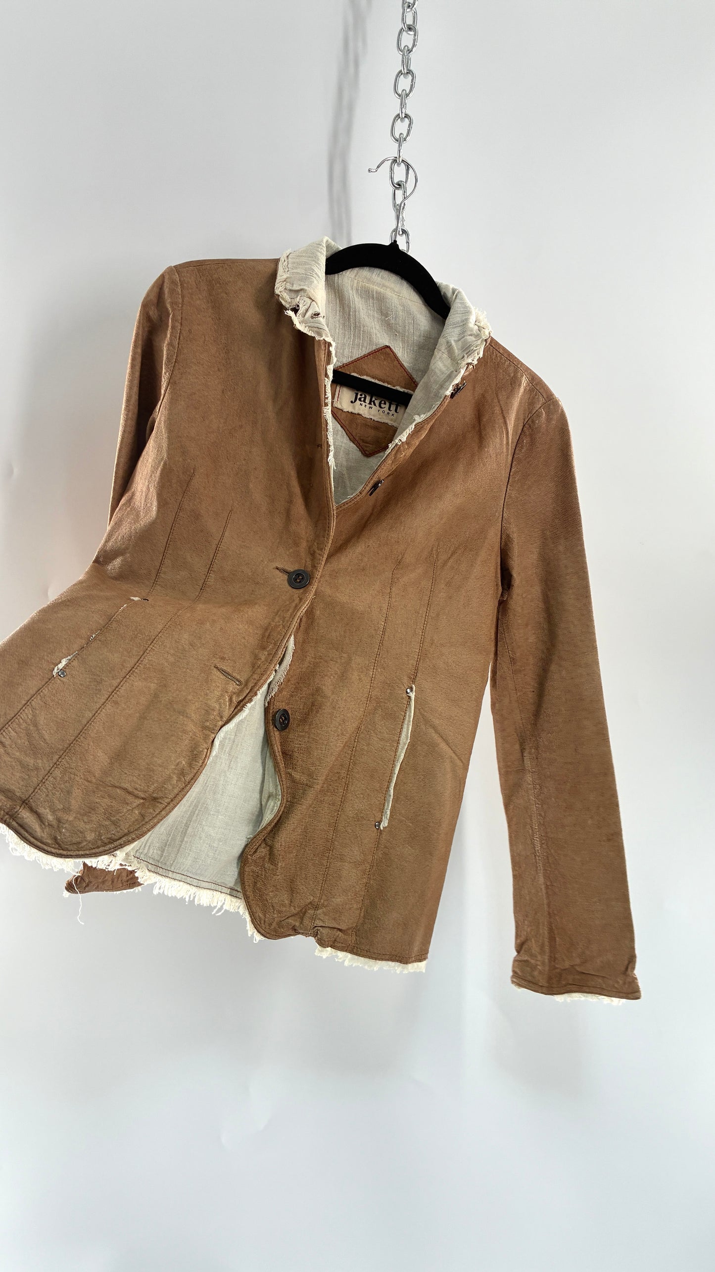 Vintage JAKETT Tan Leather Jacker with Cotton Raw Edge Trim+ Lining and buttoned Cuffs (Medium)