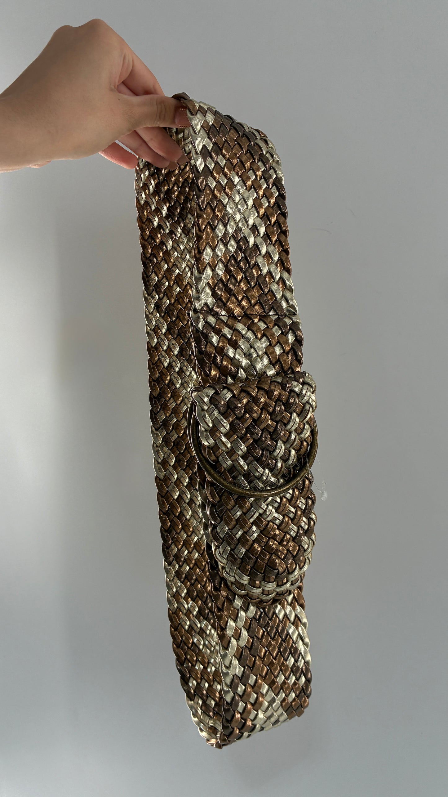 Vintage Metallics Silver Bronze Woven Wide Hip Belt with Oversized Bronze Round Buckles (One Size)