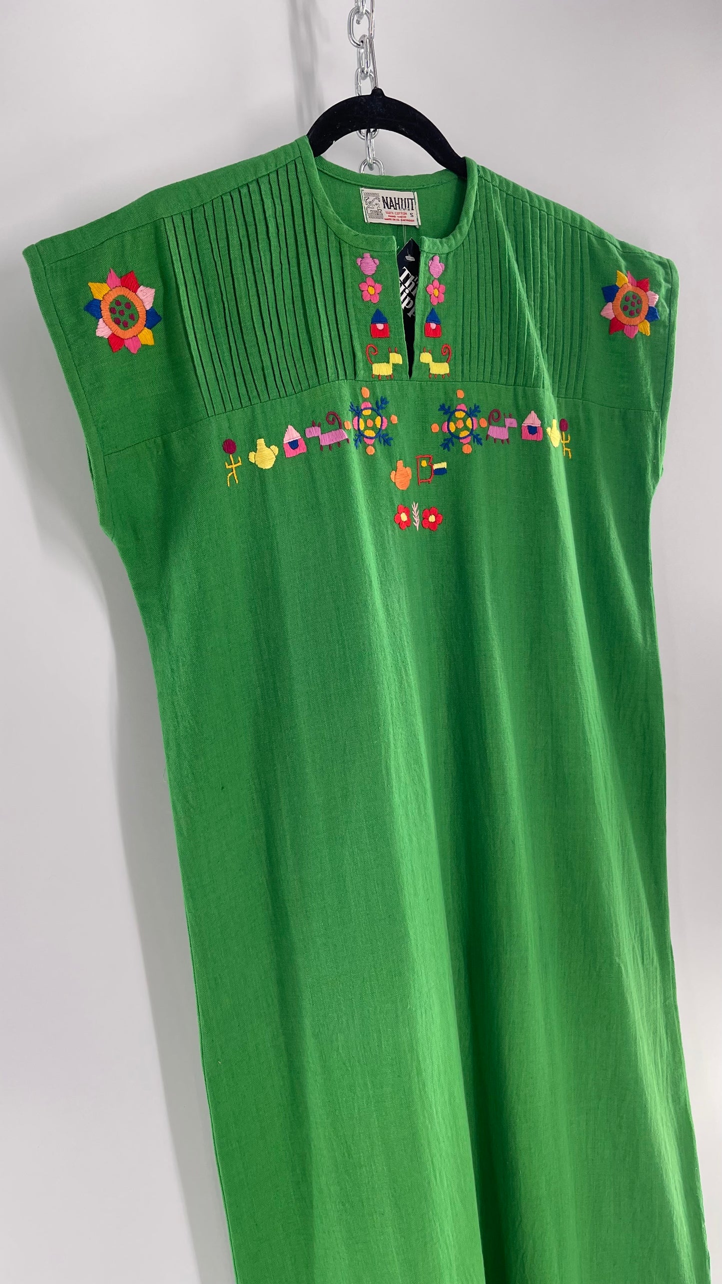 Vintage 1970s NAHUIT 100% Cotton, Kelly Green, Embroidered Tunic Dress Imported from El Salvador (Small)