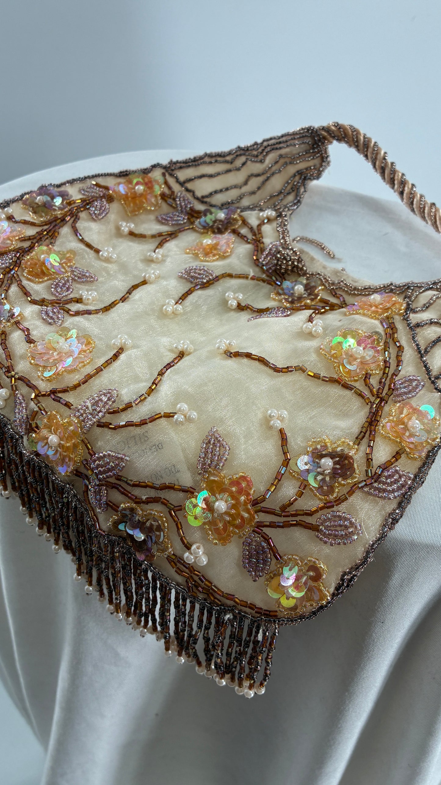 Vintage Deadstock Beige Beaded Fringe Purse with Embroidered Beaded Florals