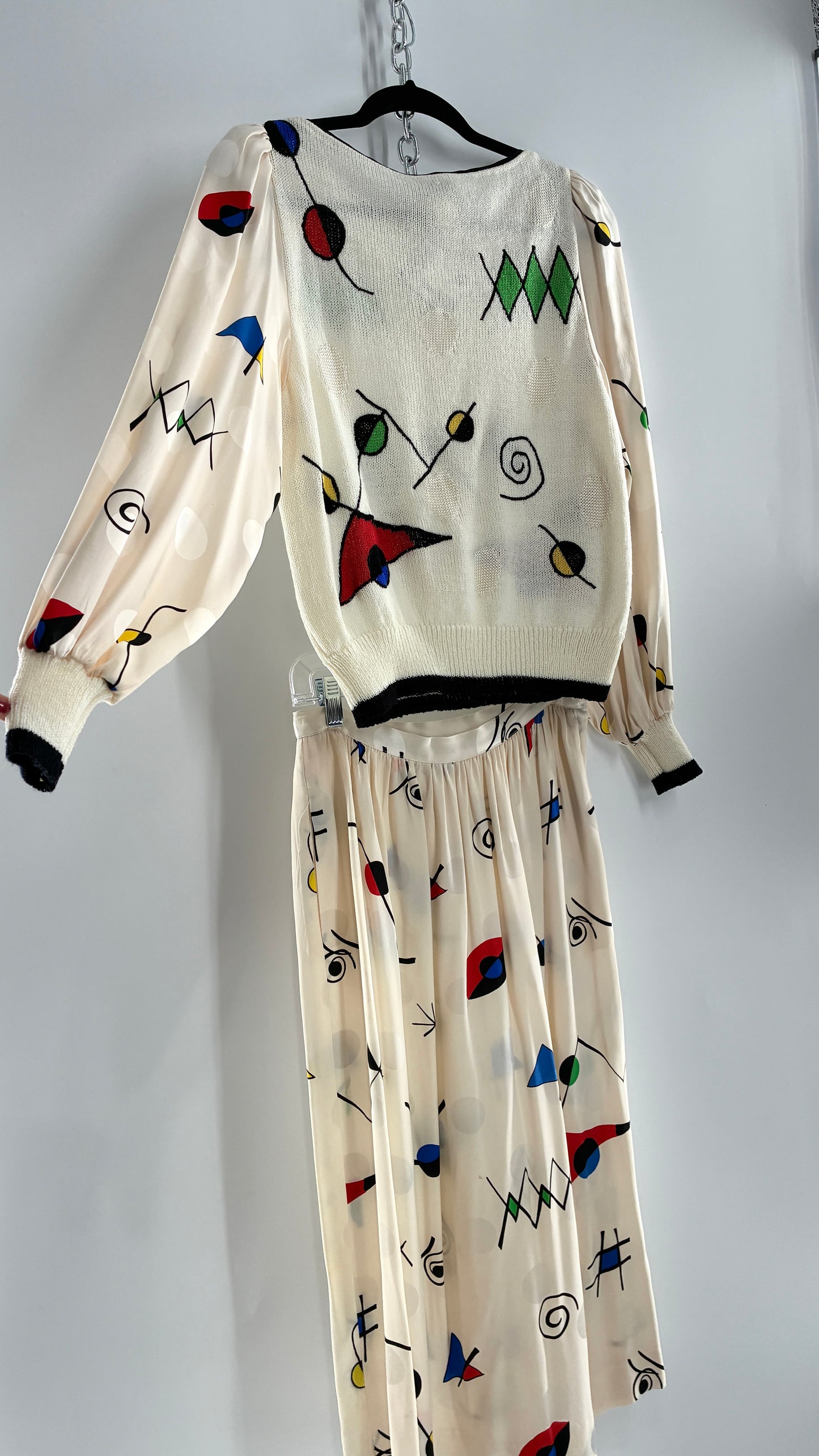 Vintage 1980s UMI collections by Anne Crimmins Off White 2 Piece Set with Abstract Embroidered Designs and 100% Silk Polka Dot Print Skirt (Medium Sweater, 8 Skirt)