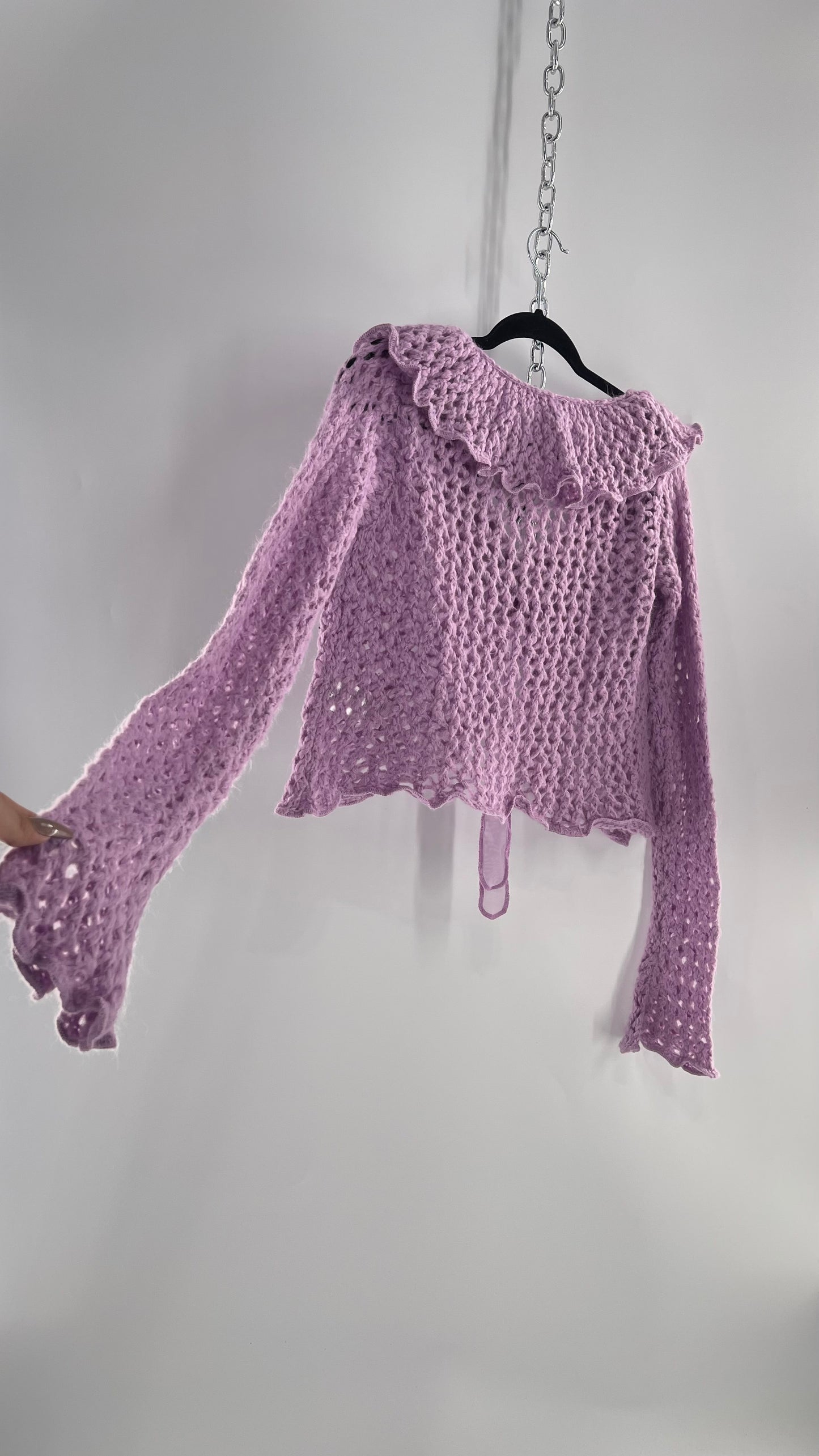 KIMCHI BLUE Lavender/Lilac Open Knit Cardigan with Ruffled Neckline and Tie Bust (Small)