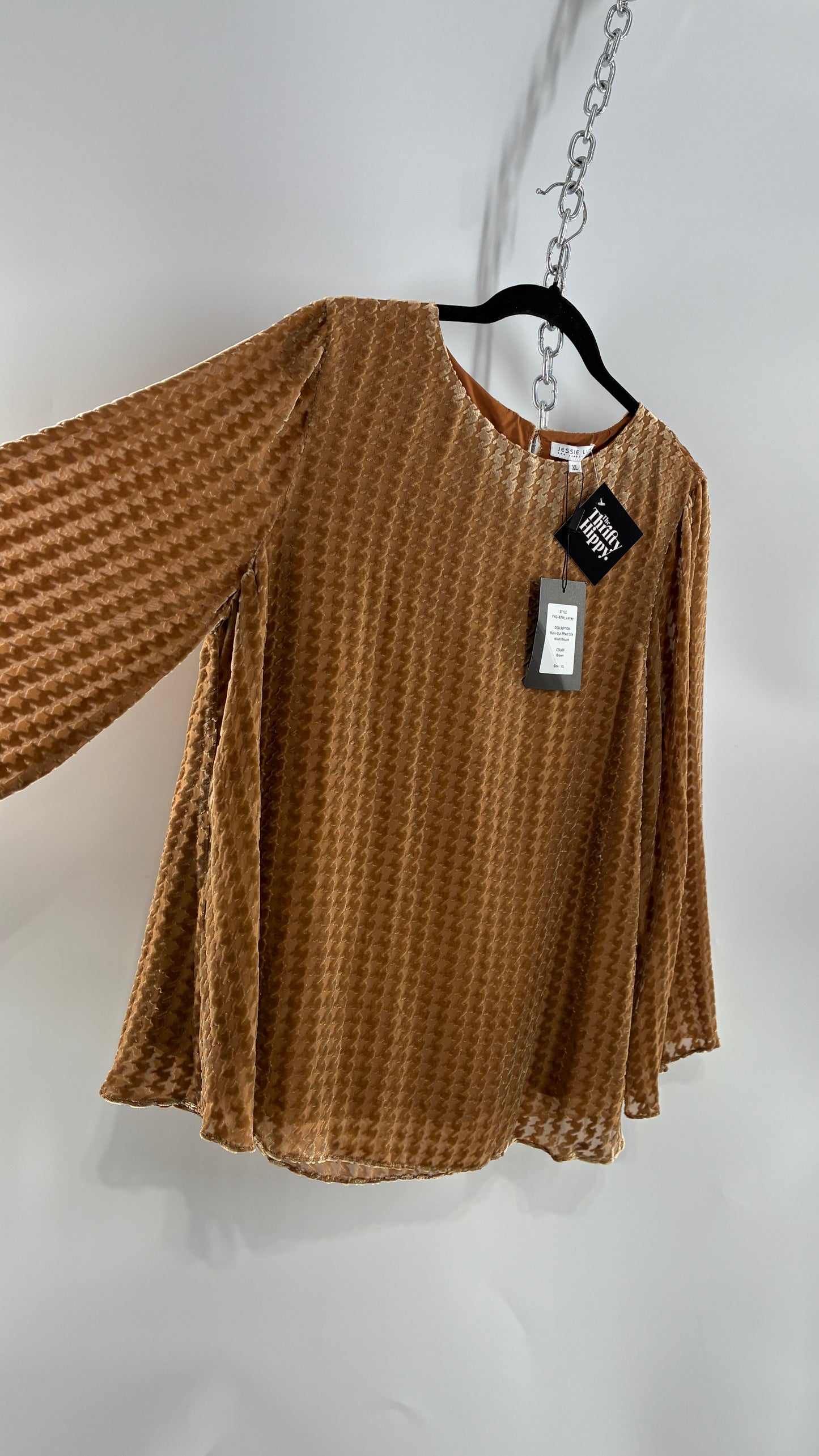 JESSIE LIU Lainey Bell Sleeve Burn Out Effect Silk Blouse (XL)