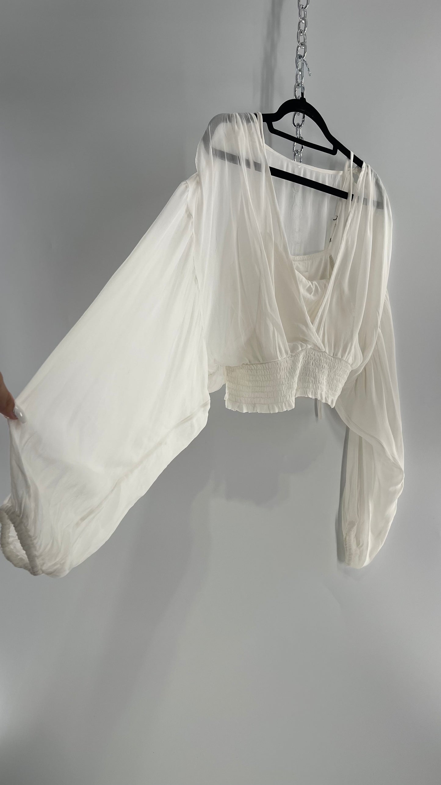 Anthropologie Sheer Balloon Sleeve Blouse with Smocked Waistline and Cropped Inner Tank with Rubber on Bust and Tags Attached (Medium)