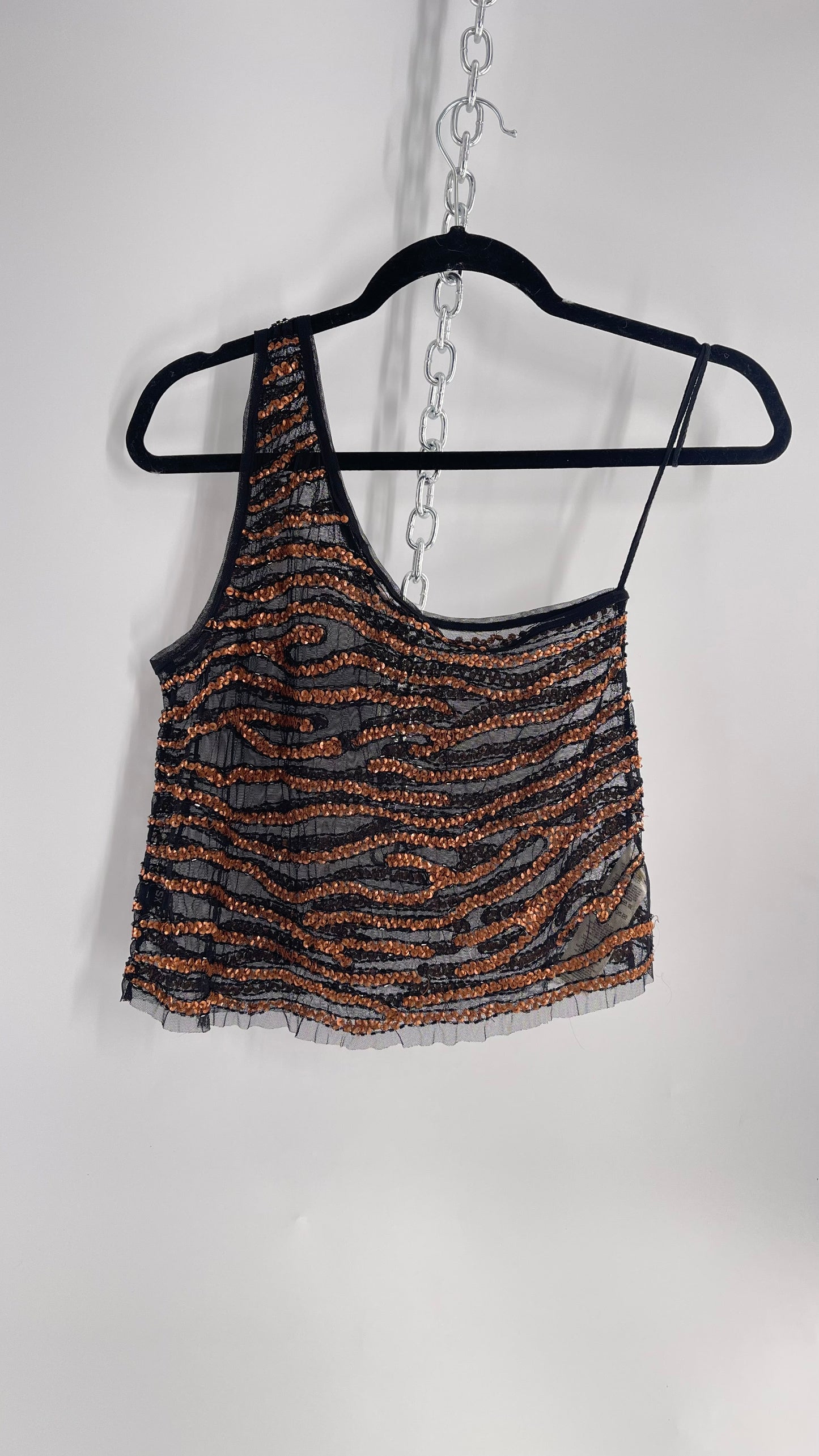 Free People Black Mesh One Shoulder Blouse with Copper Zebra Patterned Sequins (XS)