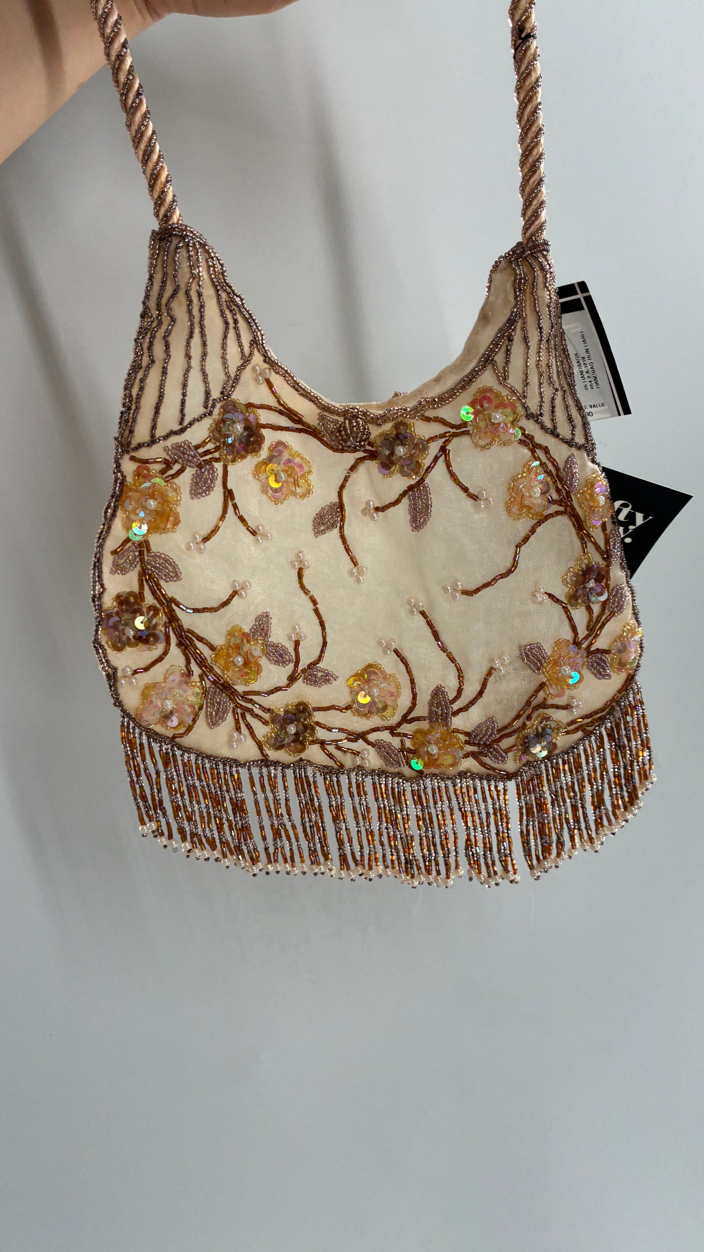 Vintage Deadstock Beige Beaded Fringe Purse with Embroidered Beaded Florals