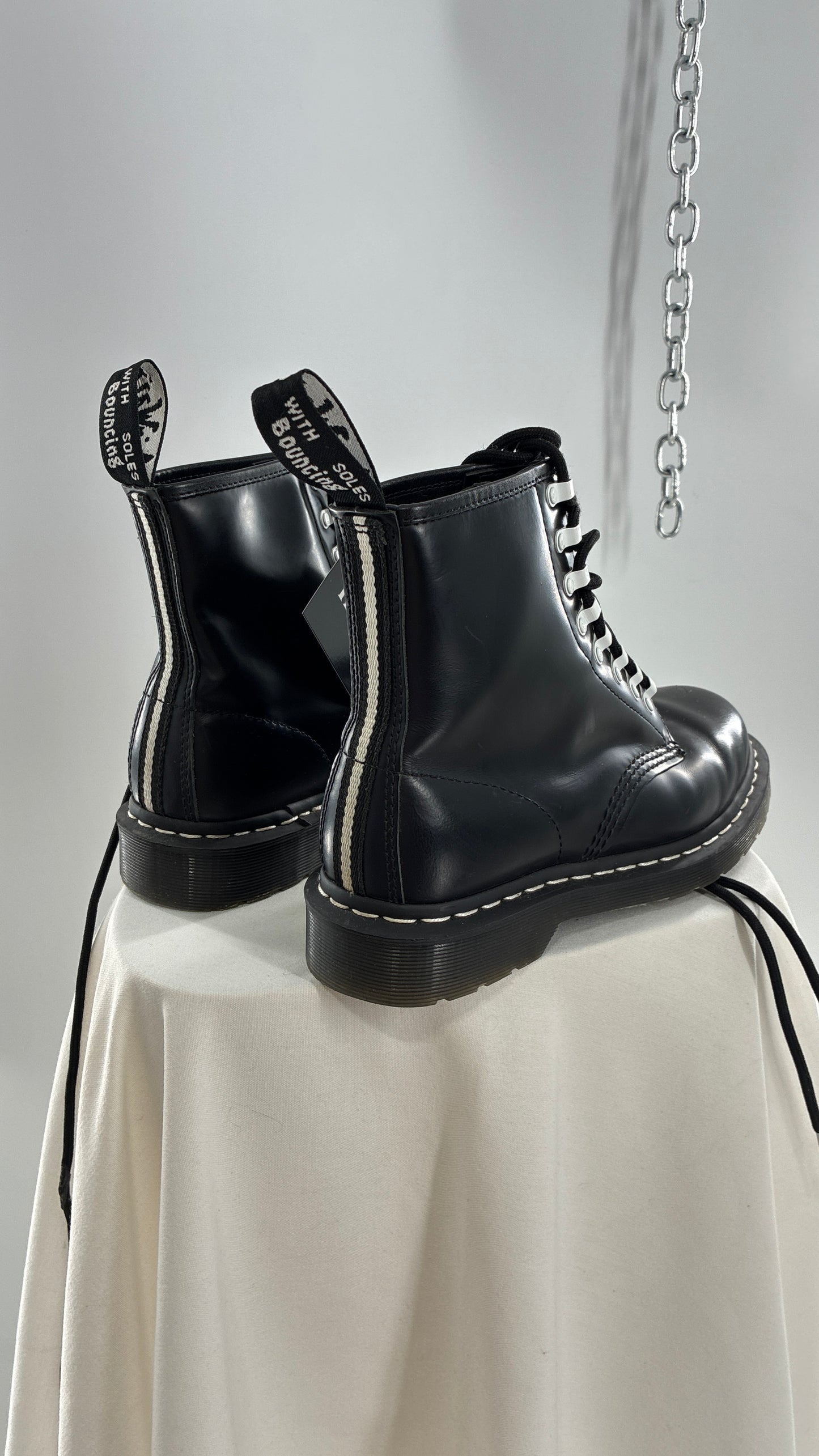 Vintage DR.MARTENS AirWair 1460 DISRUPT Black Patent Leather Boots with White Hardware (8L, 7M)
