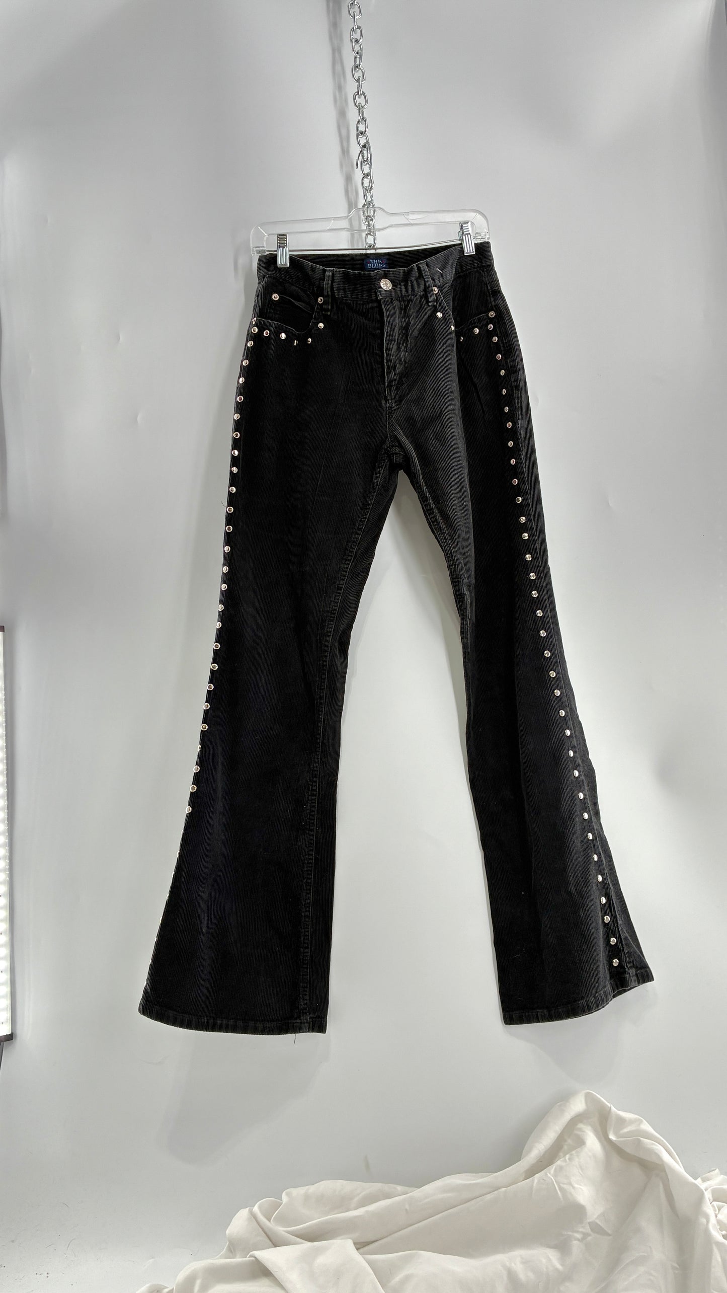 Vintage THE BLUES Grey Corduroy Side Studded Kick Flares (8)