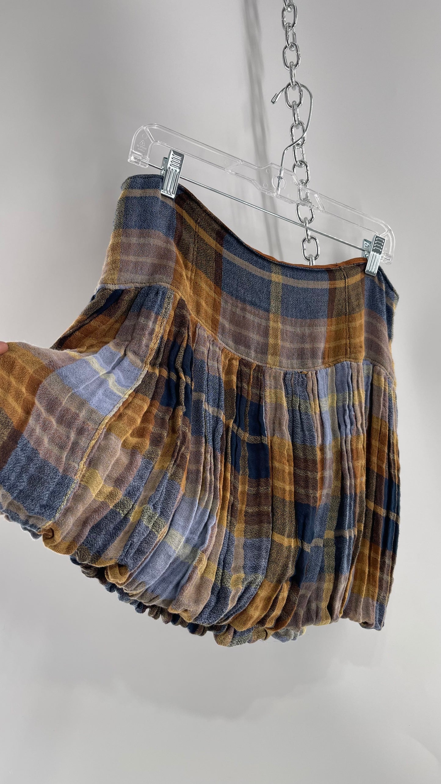 Free People Plaid Blue Brown Mini Skirt with Balloon Hem with Tags Attached (12)