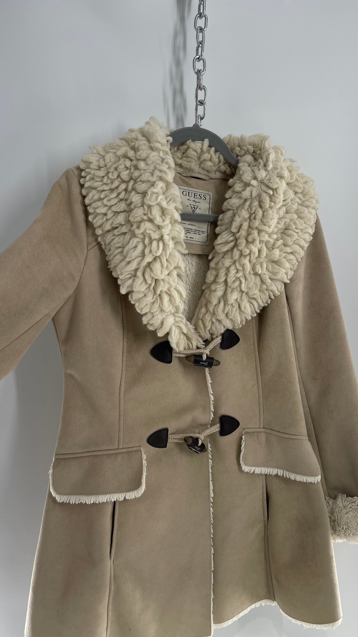 1990s GUESS Tan Vegan Suede Sherpa Lined Coat with Exaggerated Fur Collar (Small)