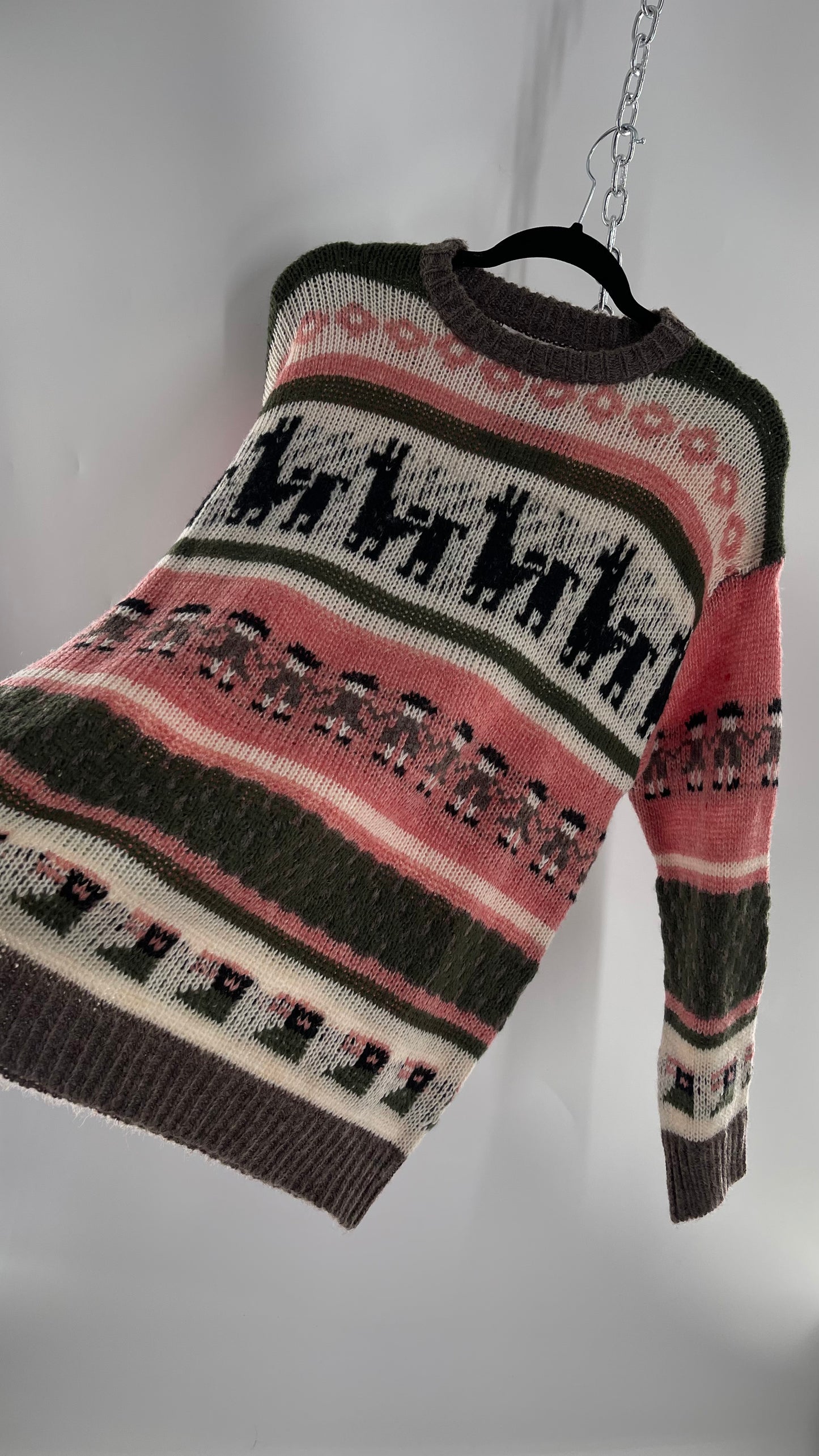 Cooke Collective Knit Llama/Alpaca Graphic Sweater with Army Green, Pink and White Colorway (Medium)