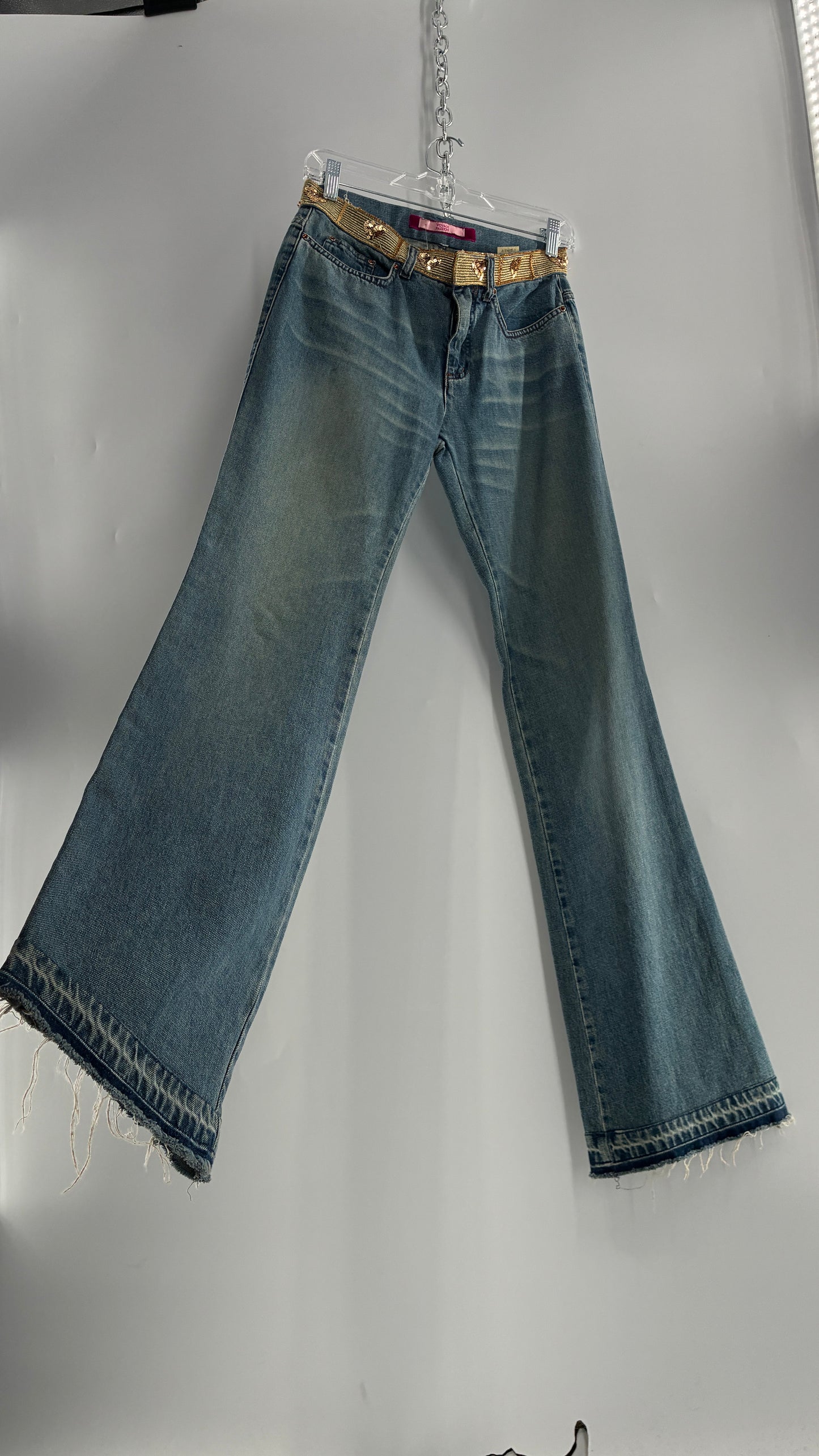Vintage VOYAGE PASSION Kick Flare Light Wash Jeans with Heart Embroidered Bum and Gold Sequin Belt (28)