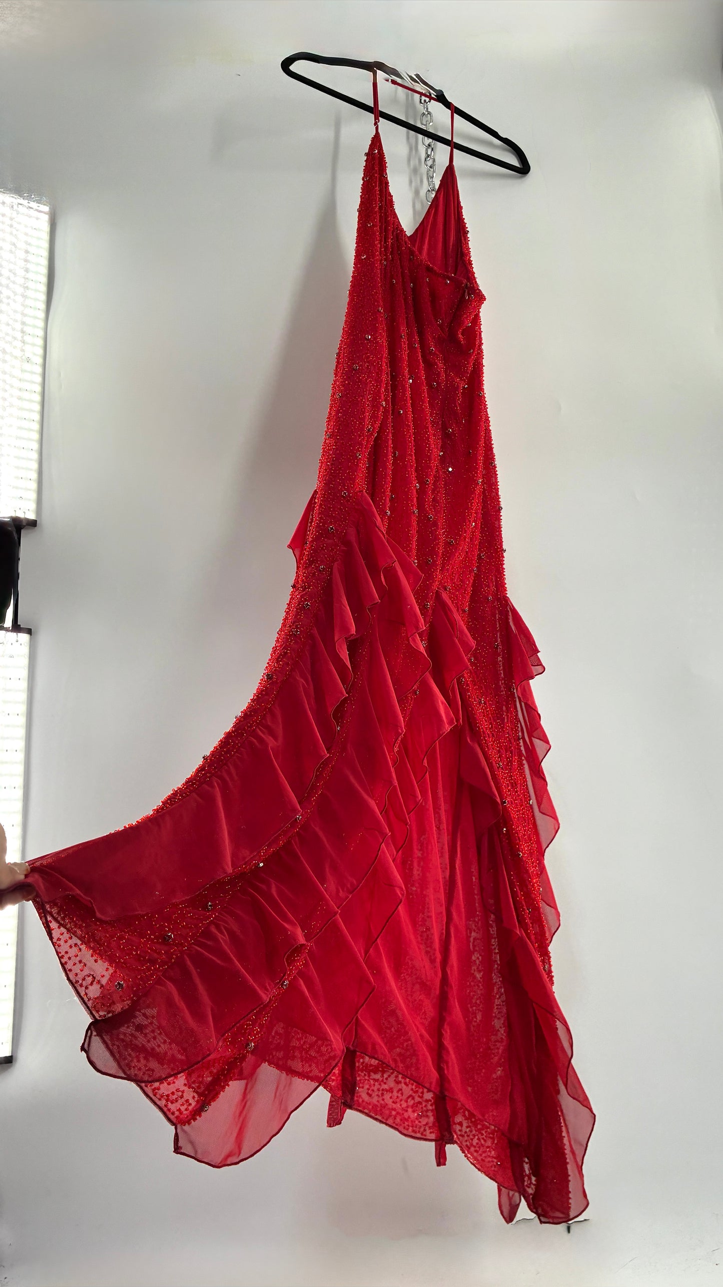 OH POLLY Red Beaded Gown with Ruffled Detailing NWOT (14)