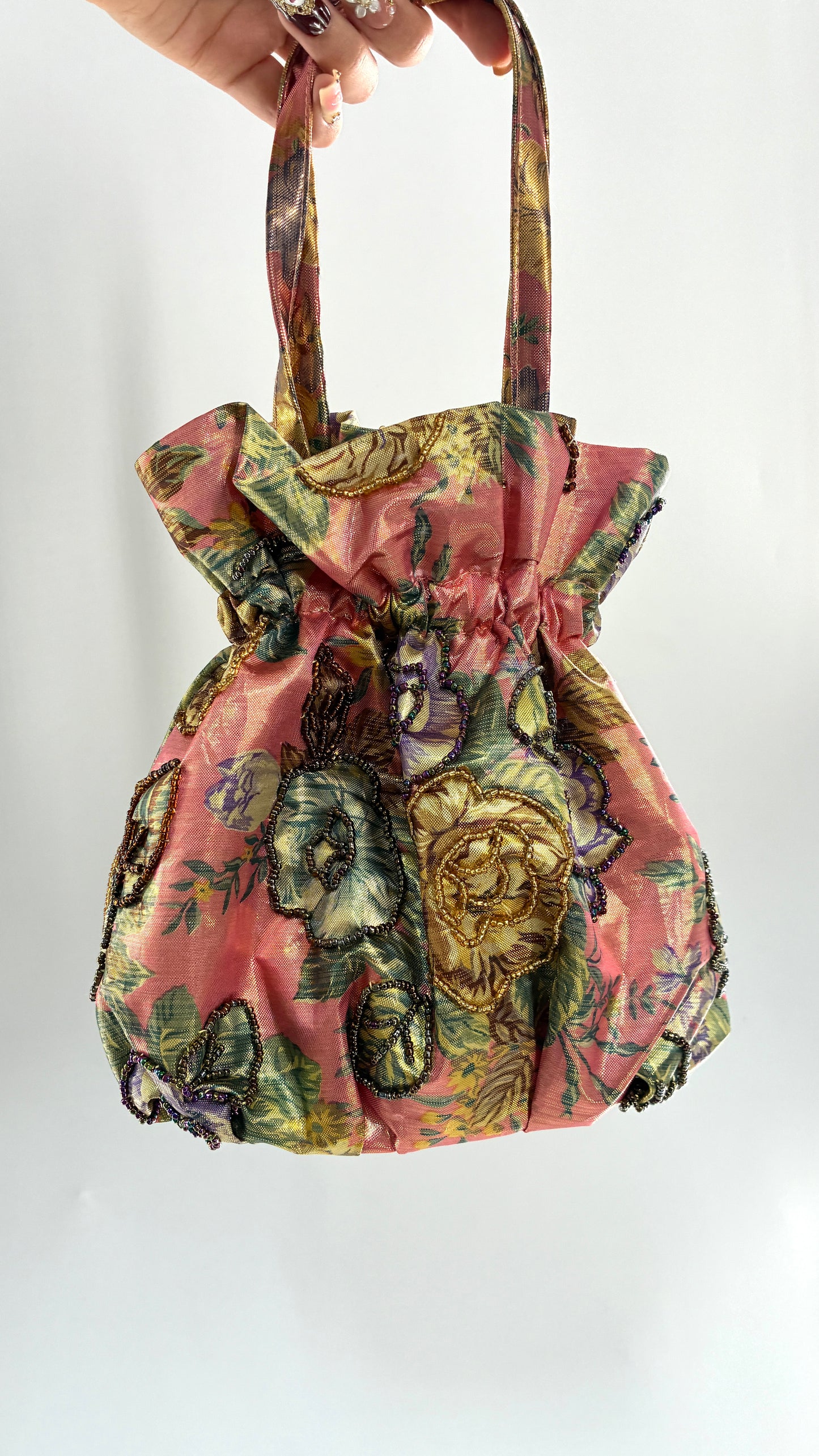 Vintage Metallic Cinch Bag with Beaded Florals