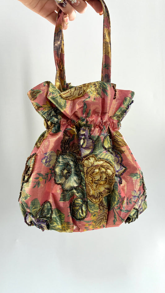 Vintage Metallic Cinch Bag with Beaded Florals