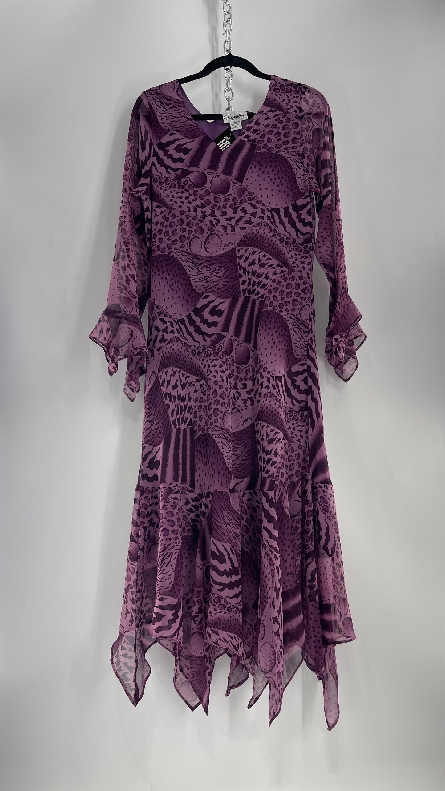 Vintage Signature JMB Suga Plum Fairy, Purple Maxi with Animal Print, Handkerchief Hem and Sleeves (XL)