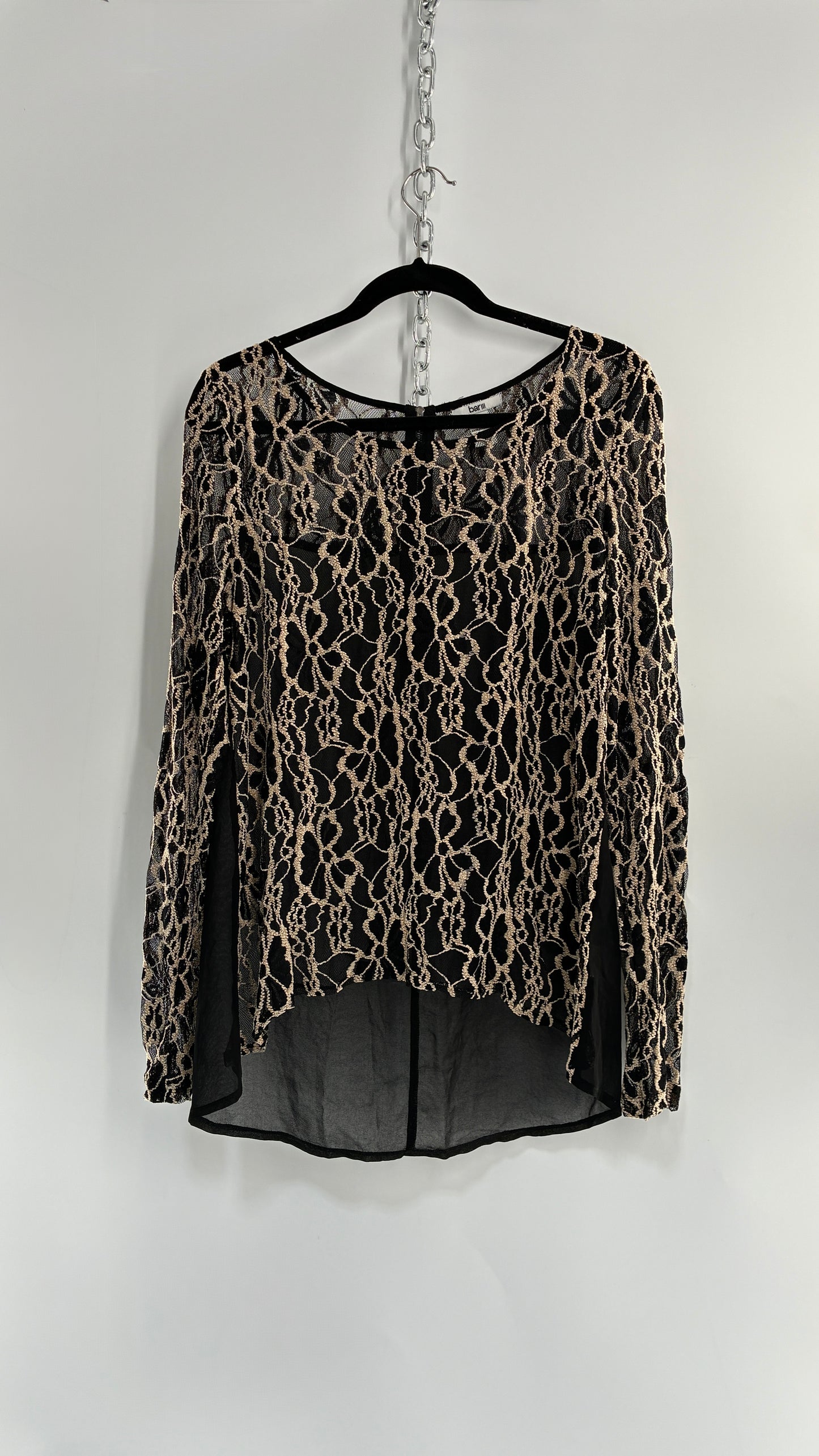 Vintage Black Lace Blouse with  Sheer Back (XL)
