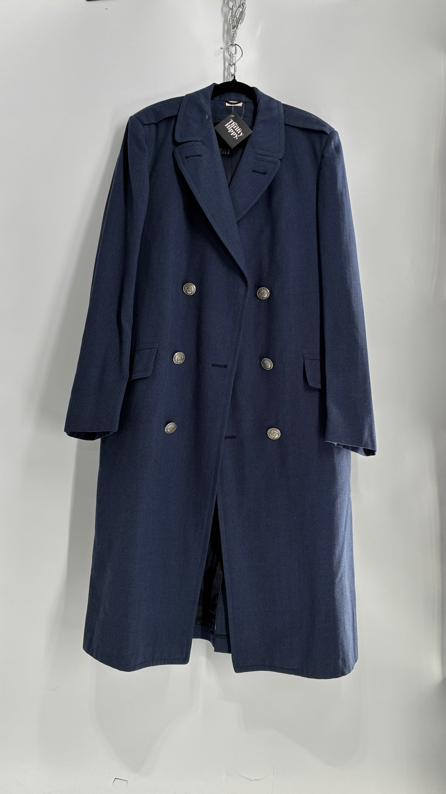 Vintage Military Style Navy Blue Woven Heavy Duty Long Coat