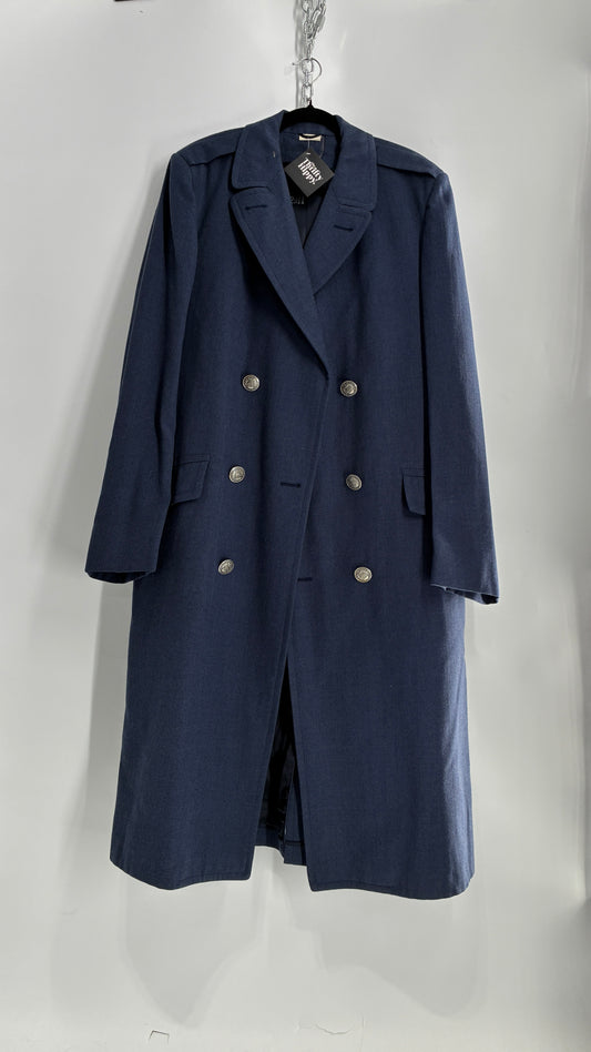 Vintage Military Style Navy Blue Woven Heavy Duty Long Coat