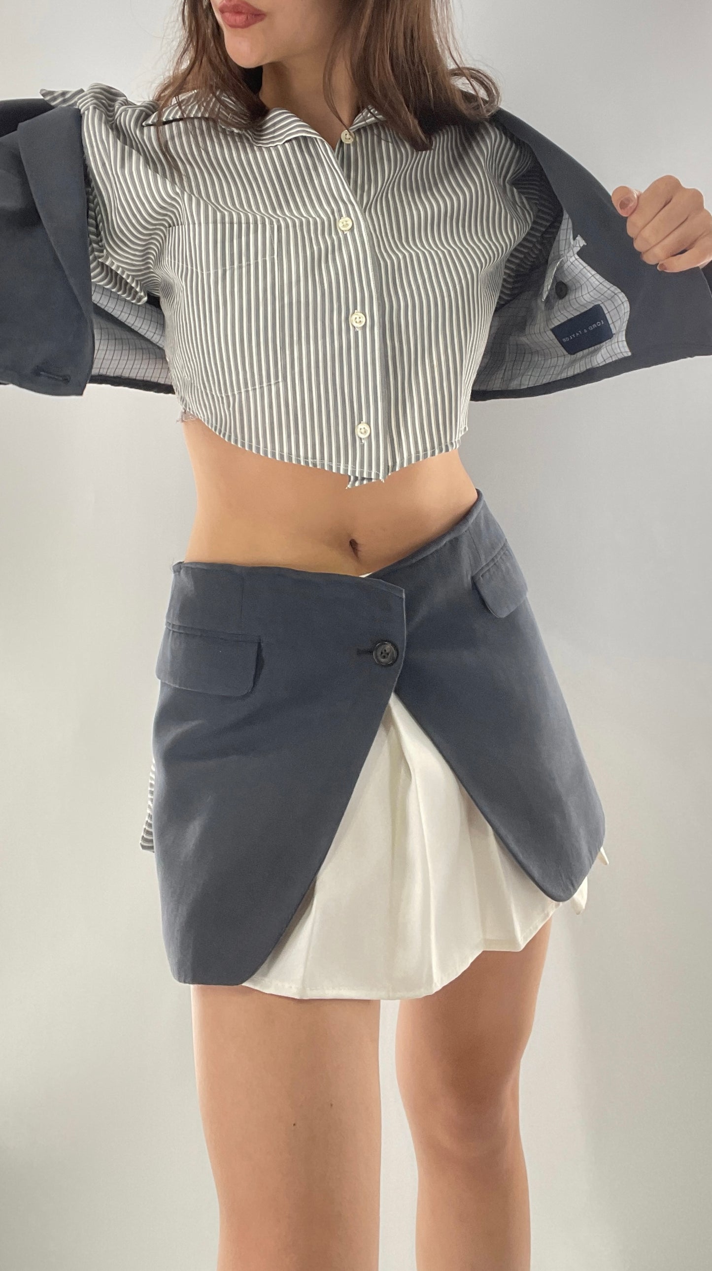 CUSTOM Handmade 2pc Suit Set Gray/Blue with Open Corset Back Skirt and Cropped Jacket (One Size)