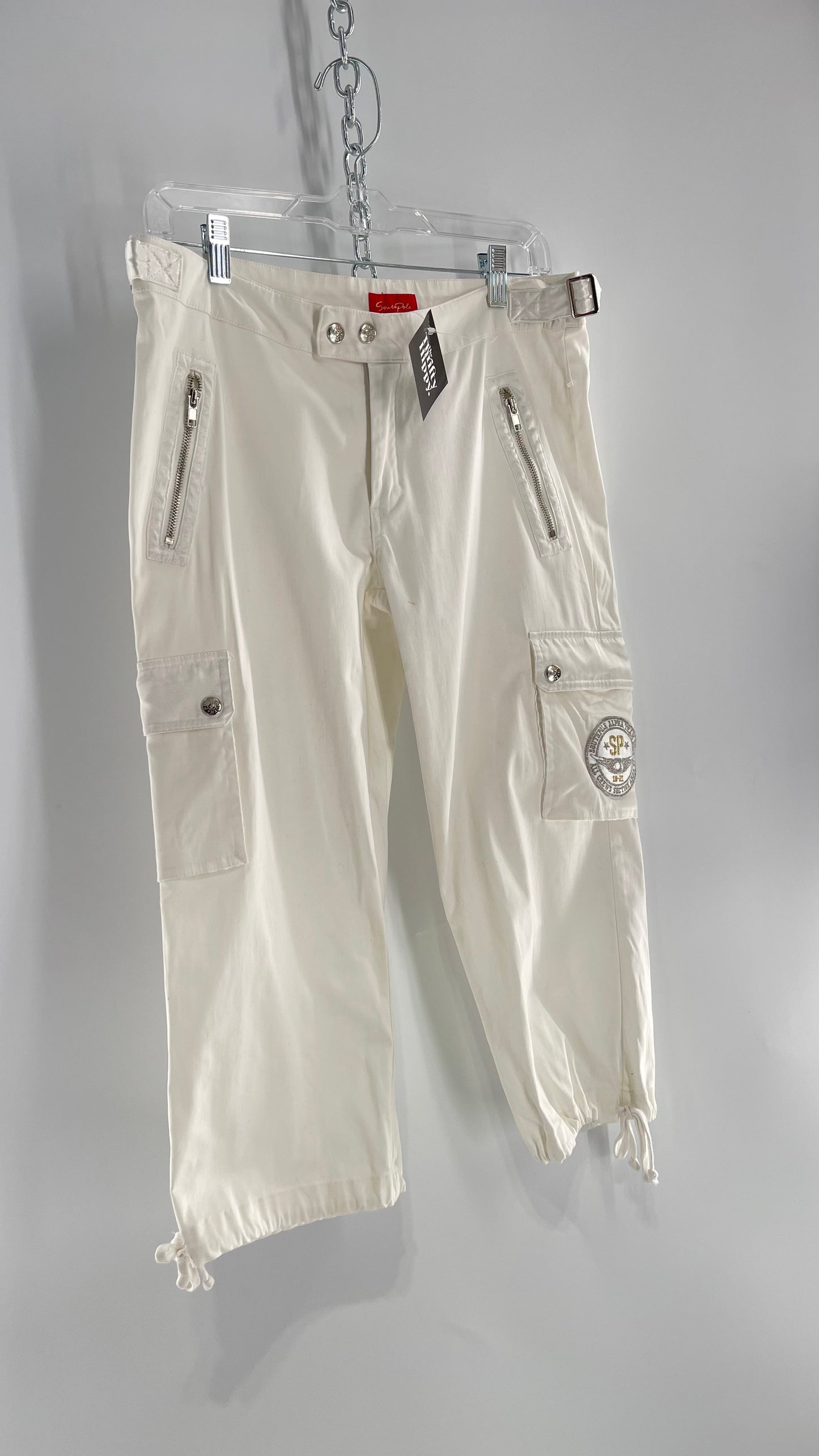 Vintage 1990s South Pole White Capri with Zippers, Silver Hardware, Satin Detailing and Patches (9)