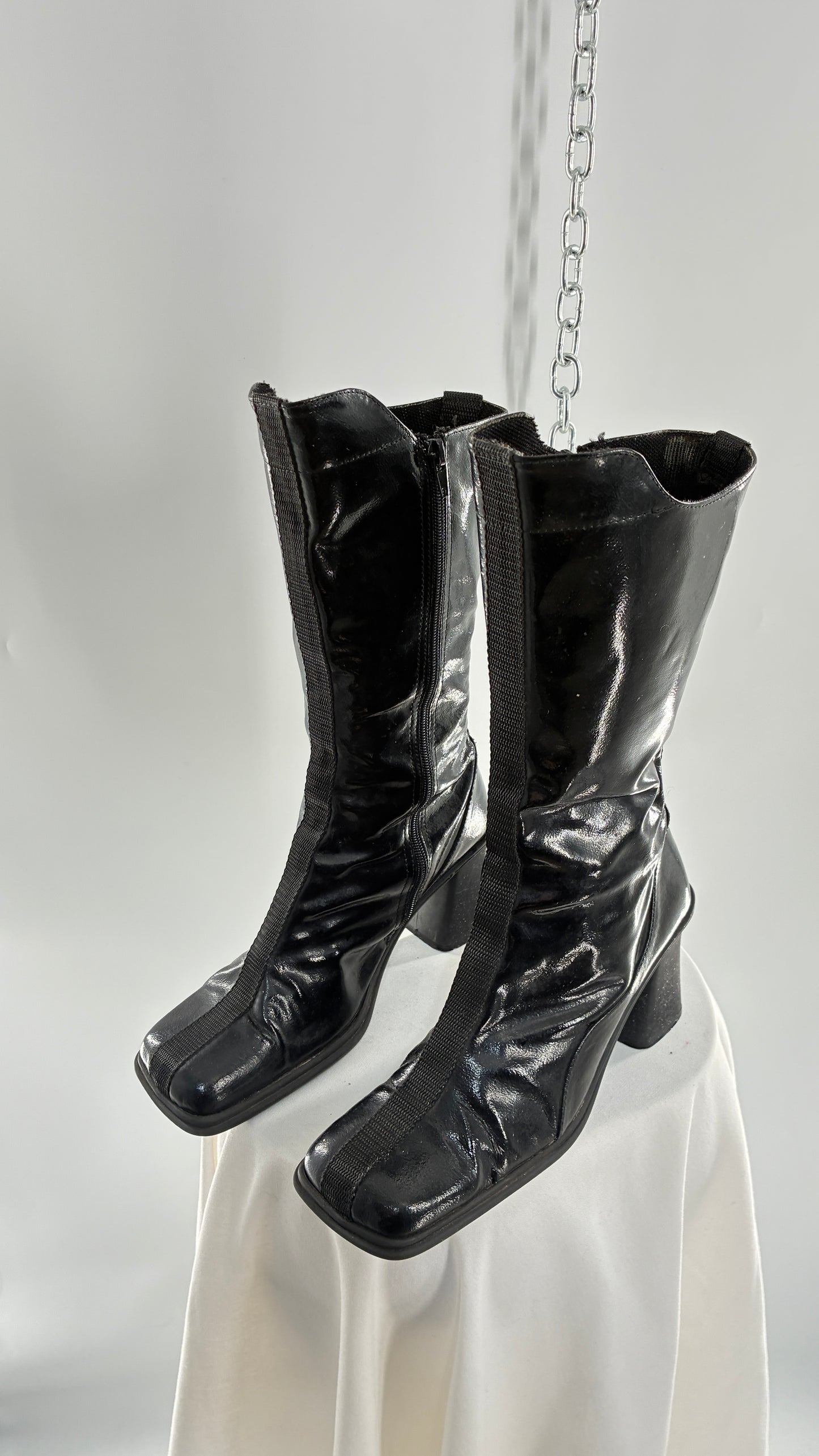 Vintage Black Patent Vinyl Boots with Square Toe and Block Heel with High, Low Calf (40)
