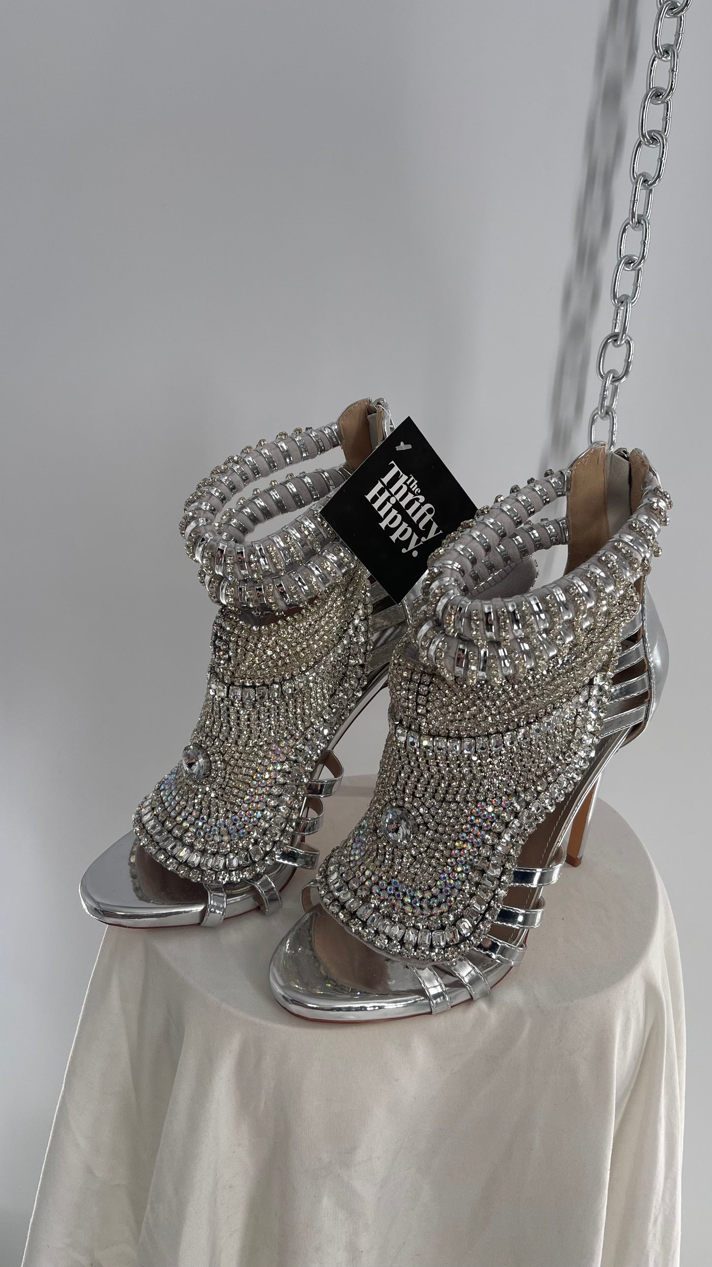 AZALEA WANG Platinum Silver Pusher Crystal Rhinestone Embellished Heel with Ankle Straps (10)