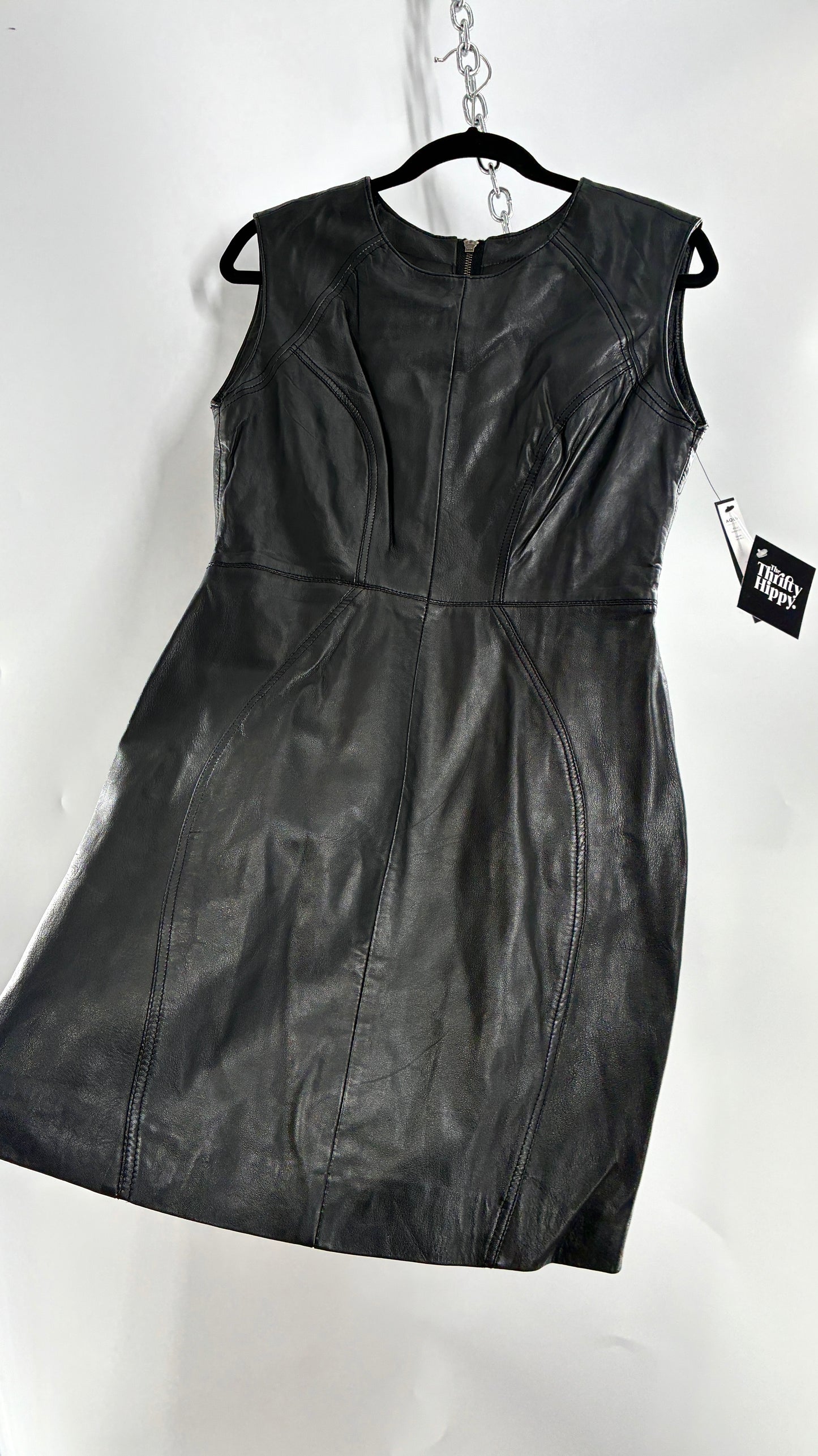 AQUA LUXE Black Leather Bodycon Paneled Dress with Tags Attached (Small)