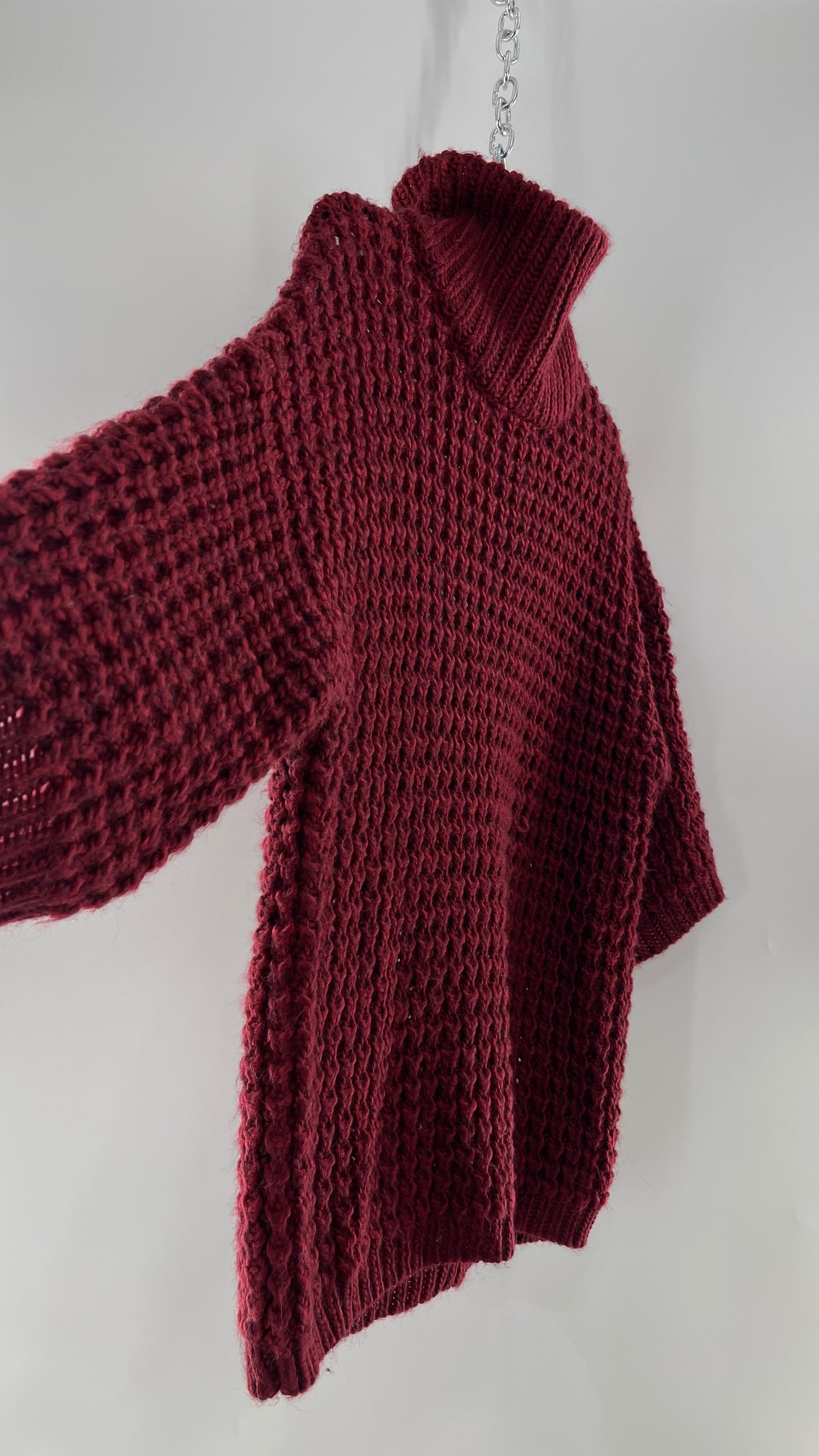 Anthropologie Thick Knit Burgundy/Maroon Short Sleeve Slouchy Turtle/Mock Neck Sweater (Large)