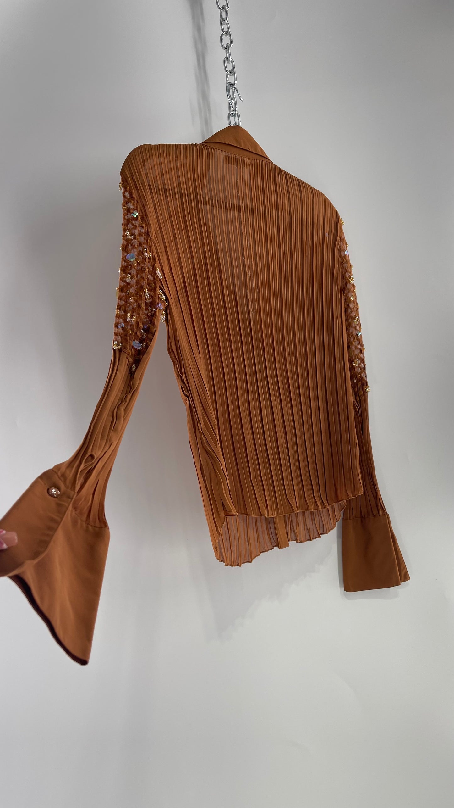 VINTAGE KAELYN-MAX Orange Brown Pleated Blouse with Beaded Embellishments (Medium)