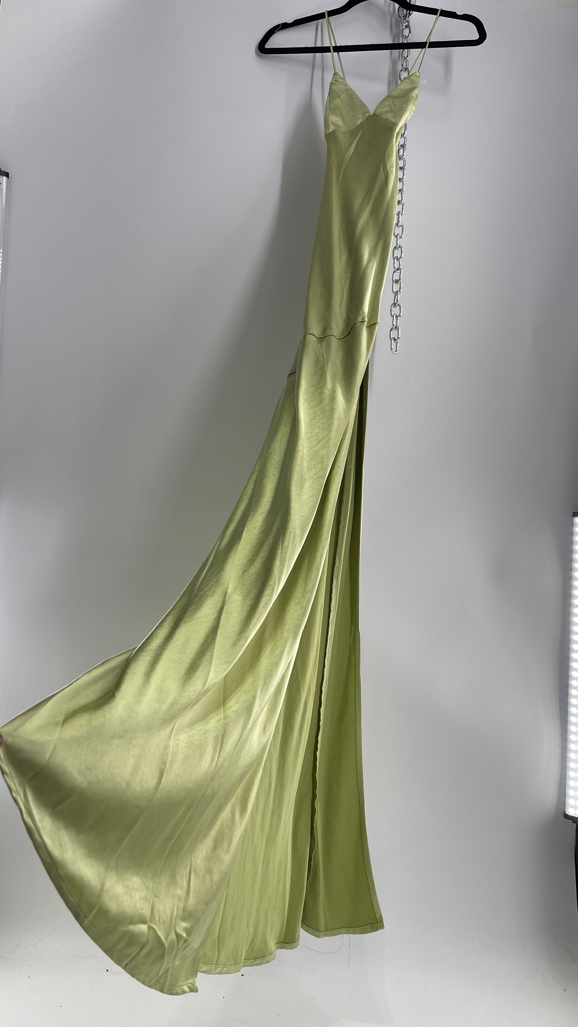 BABYBOO Isobel Sage Green Side Slit, Open Tie Up Back Gown (M) – The Thrifty Hippy BABYBOO Isobel Sage Green Side Slit, Open Tie Up Back Gown (M) – The Thrifty Hippy